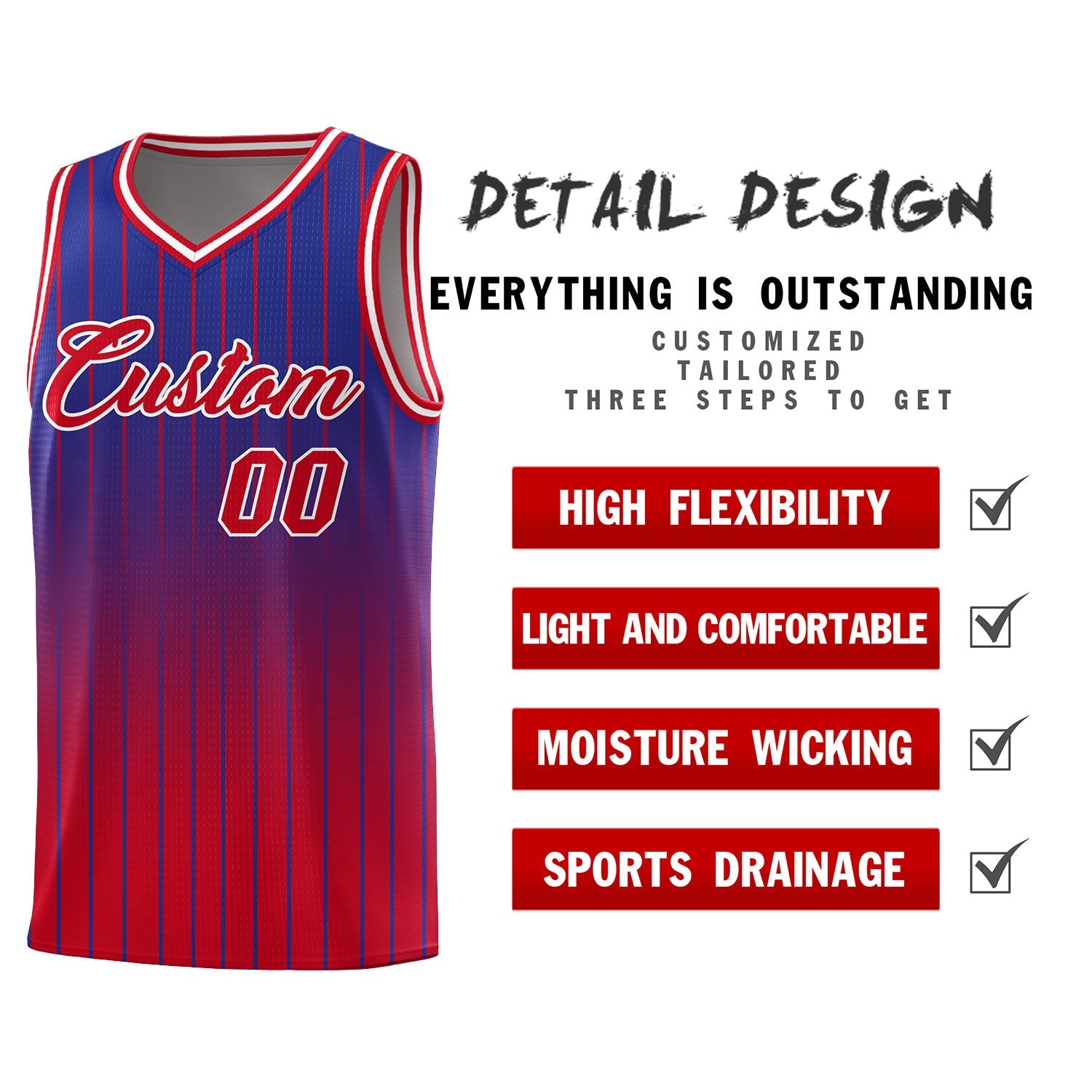 Custom Royal Red Gradient Fashion Sets Sports Stripe Uniform Basketball Jersey