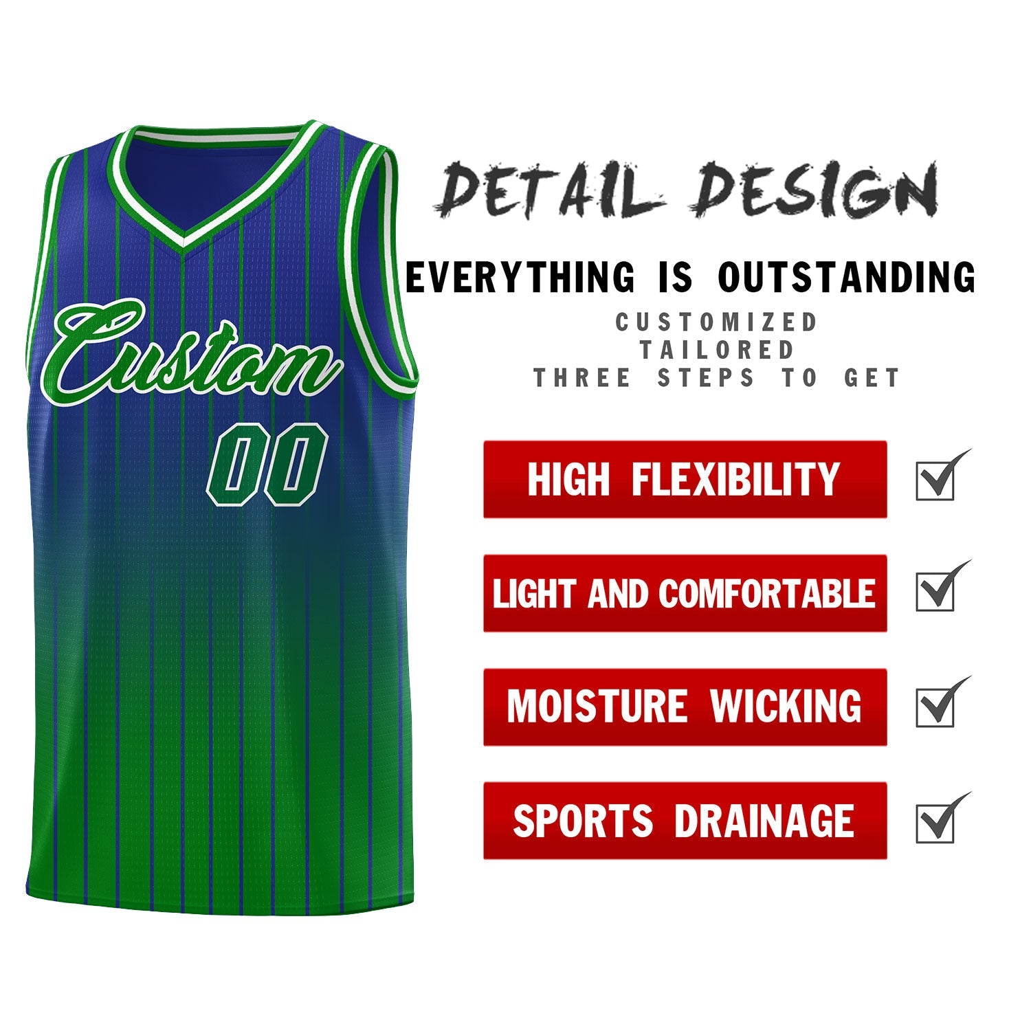 Custom Royal Green Gradient Fashion Sets Sports Stripe Uniform Basketball Jersey