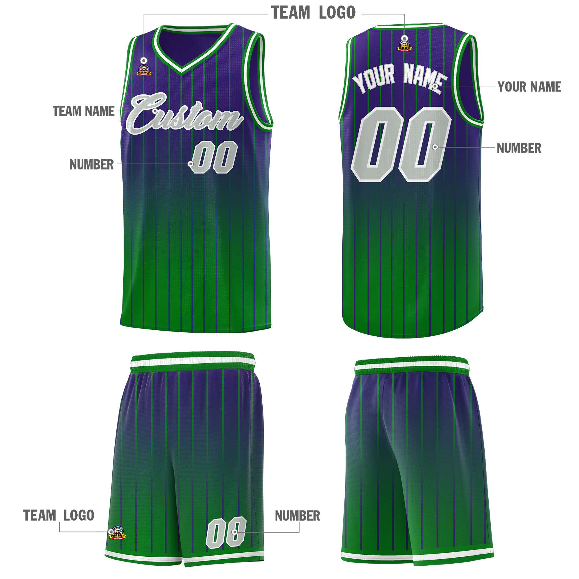 Custom Purple Green Gradient Fashion Sets Sports Stripe Uniform Basketball Jersey