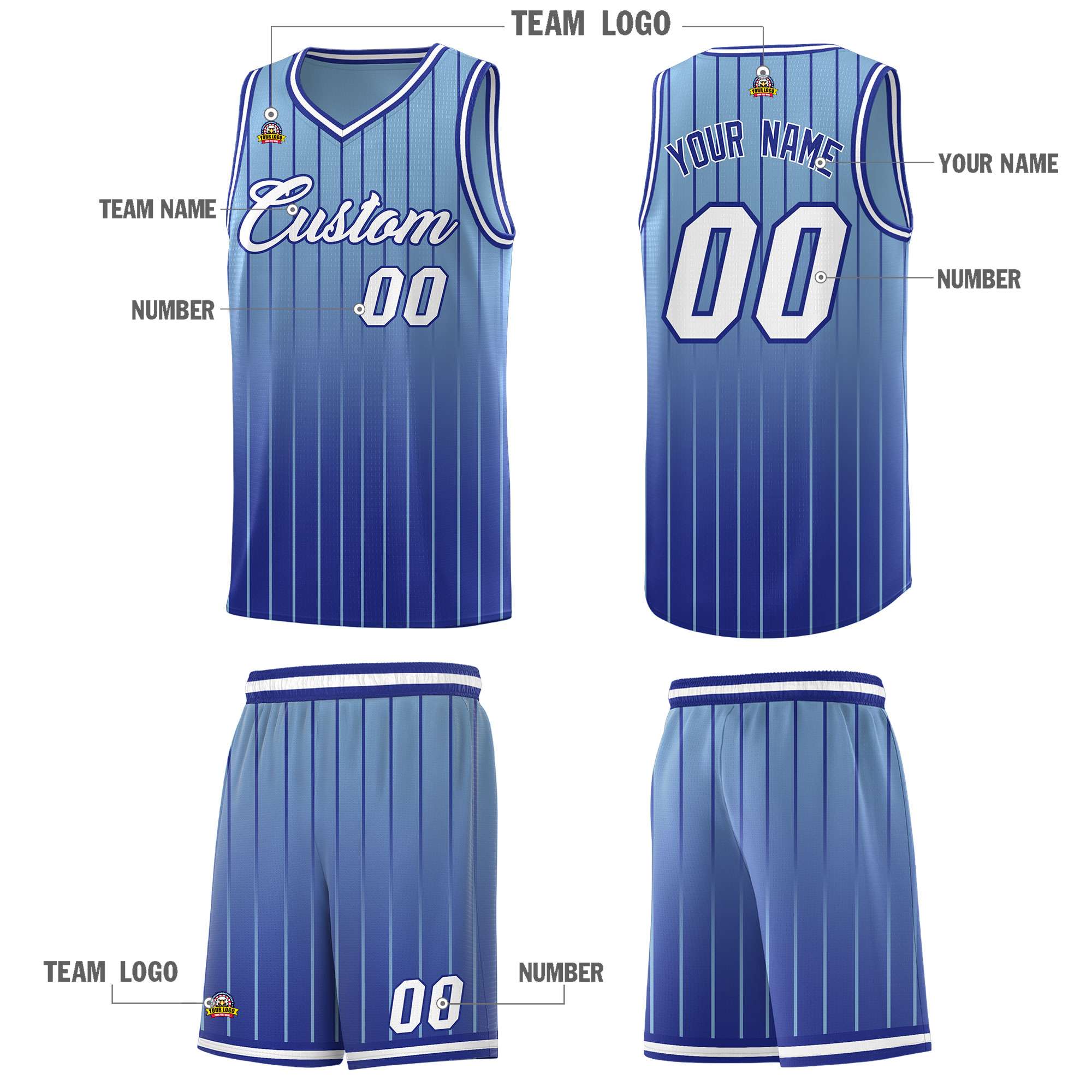 Custom Light Blue Royal Gradient Fashion Sets Sports Stripe Uniform Basketball Jersey