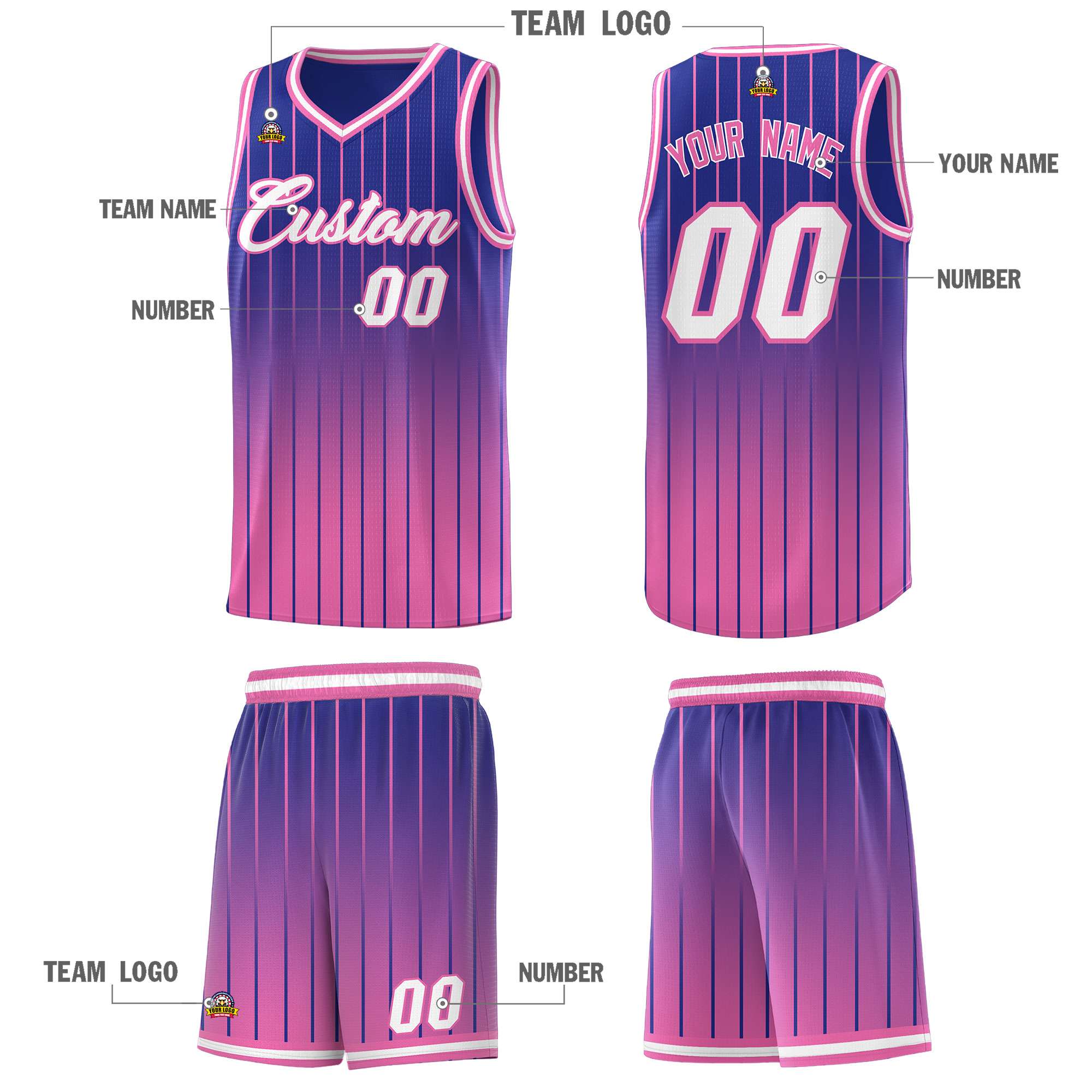 Custom Royal Pink Gradient Fashion Sets Sports Stripe Uniform Basketball Jersey