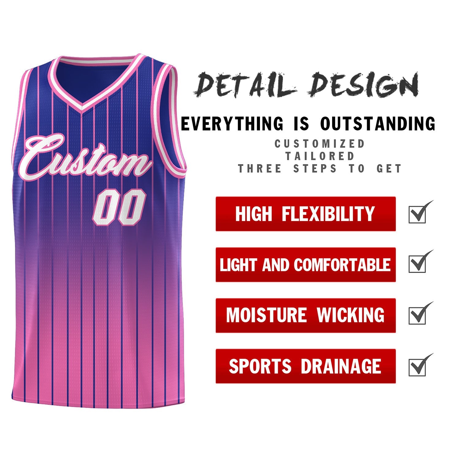 Custom Royal Pink Gradient Fashion Sets Sports Stripe Uniform Basketball Jersey