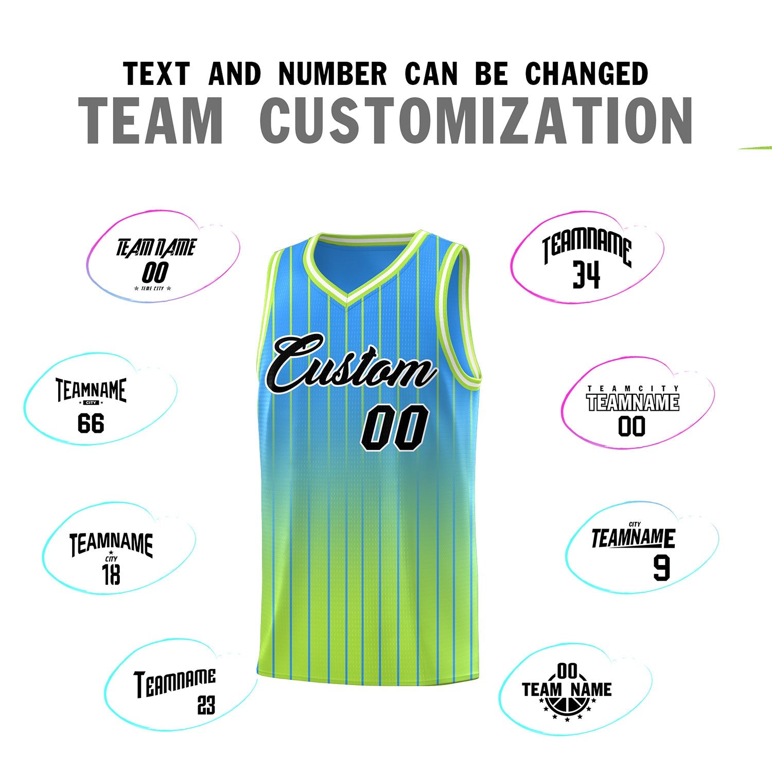 Custom Powder Blue Neon Green Gradient Fashion Sets Sports Stripe Uniform Basketball Jersey