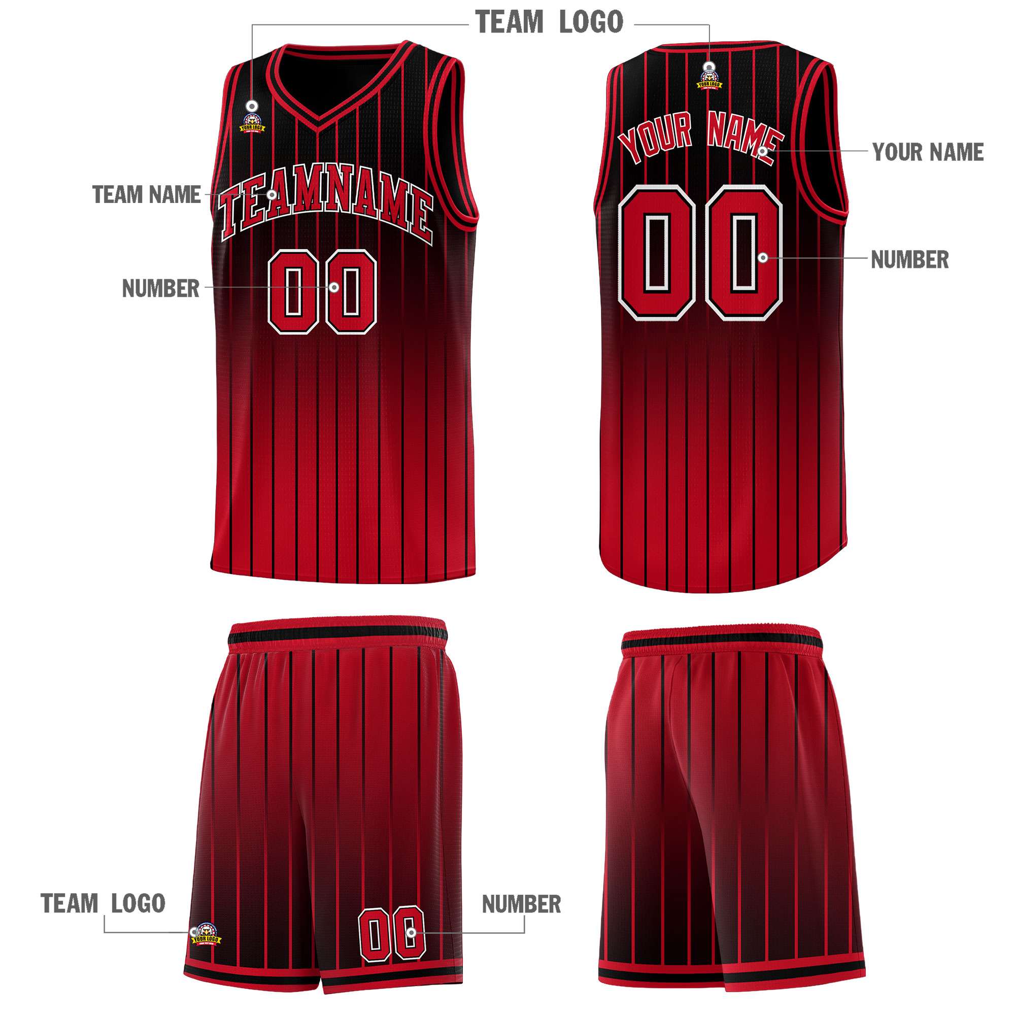 Custom Black Red Gradient Fashion Sets Sports Stripe Uniform Basketball Jersey