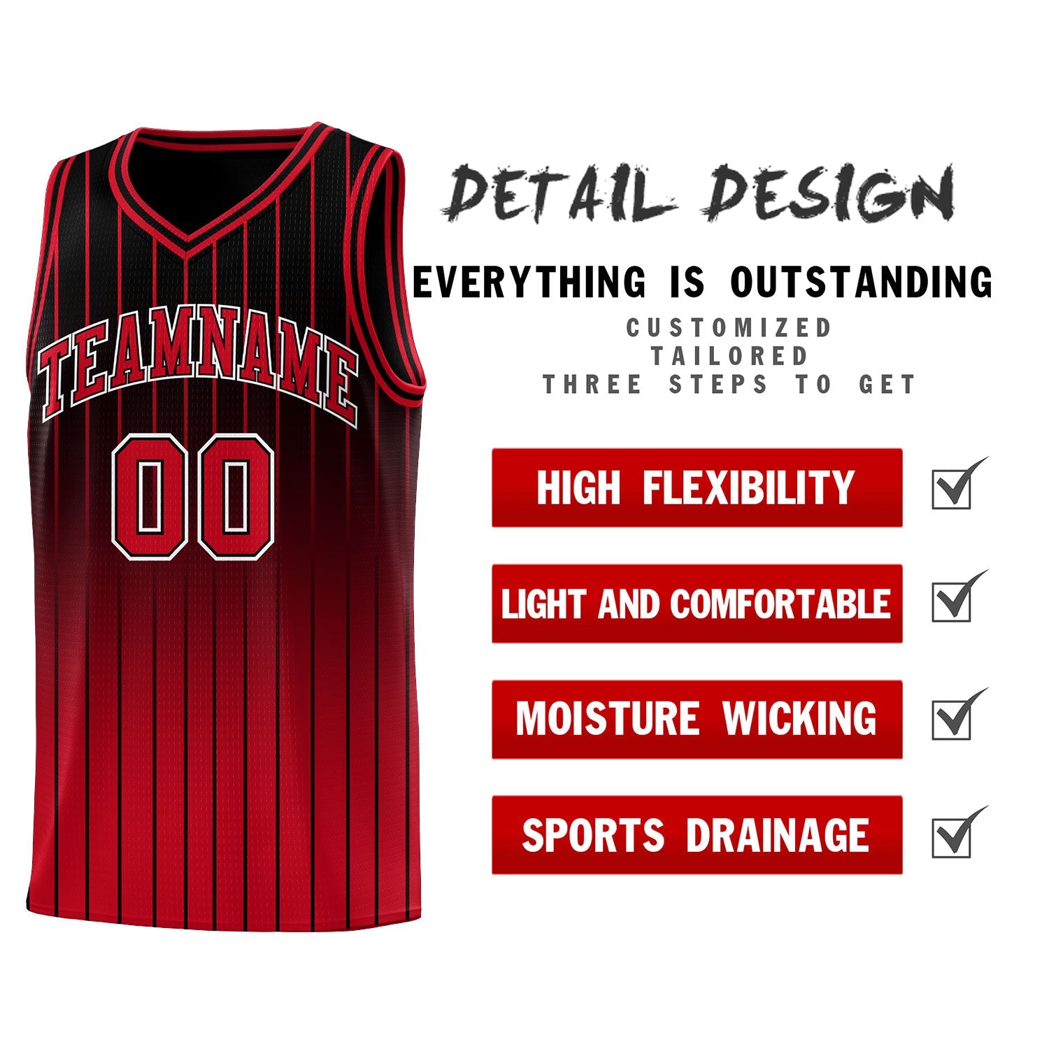 Custom Black Red Gradient Fashion Sets Sports Stripe Uniform Basketball Jersey