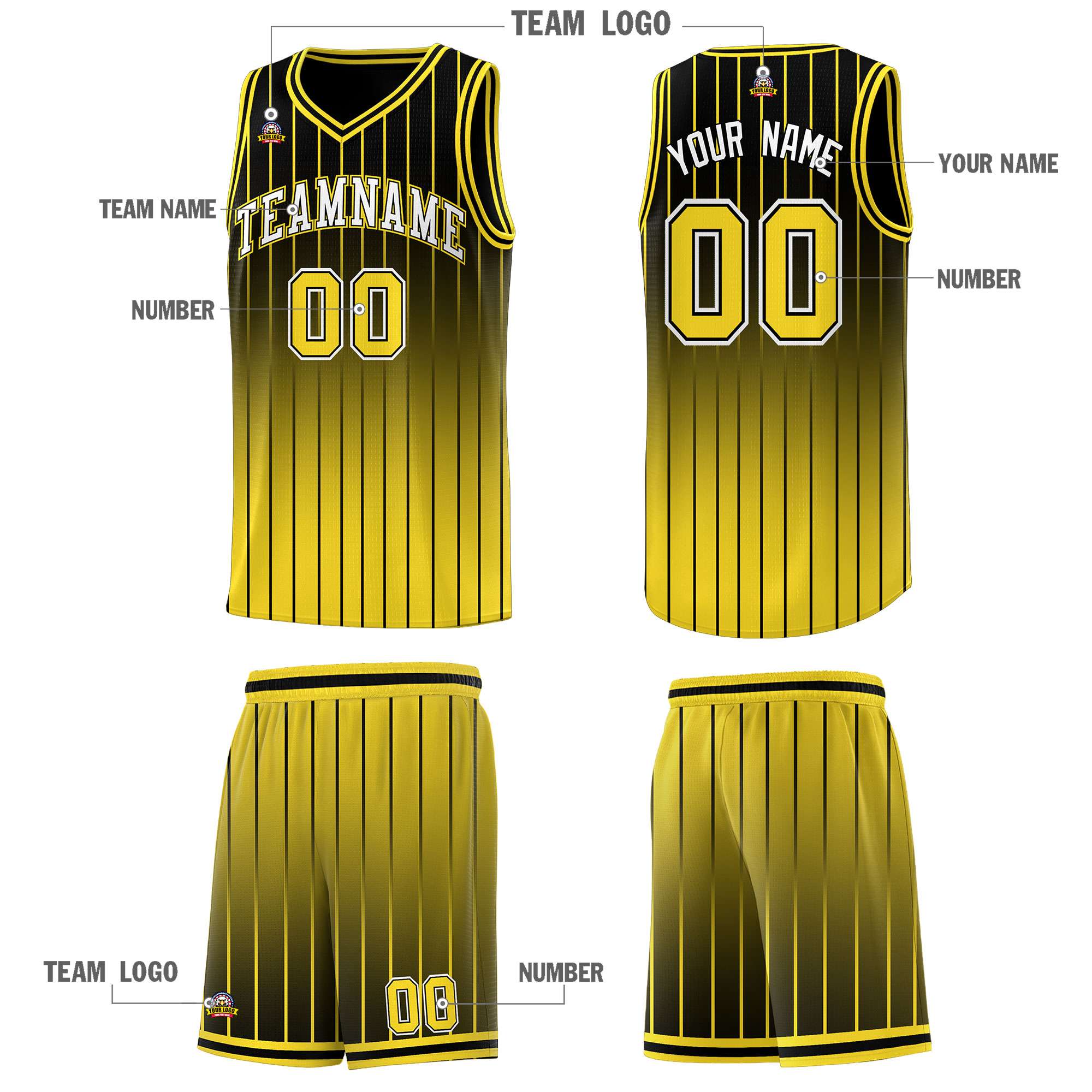 Custom Black Gold Gradient Fashion Sets Sports Stripe Uniform Basketball Jersey