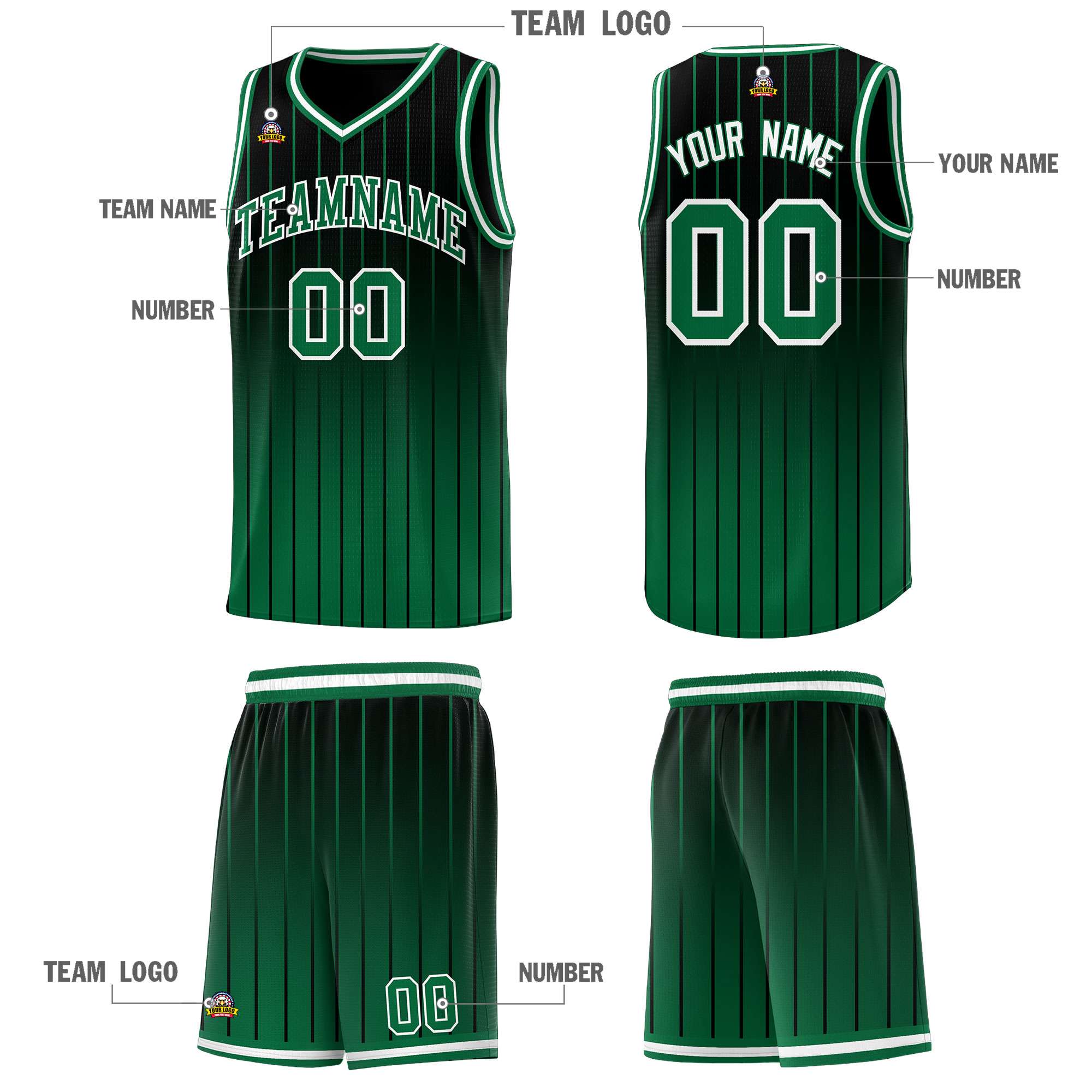 Custom Black Green Gradient Fashion Sets Sports Stripe Uniform Basketball Jersey