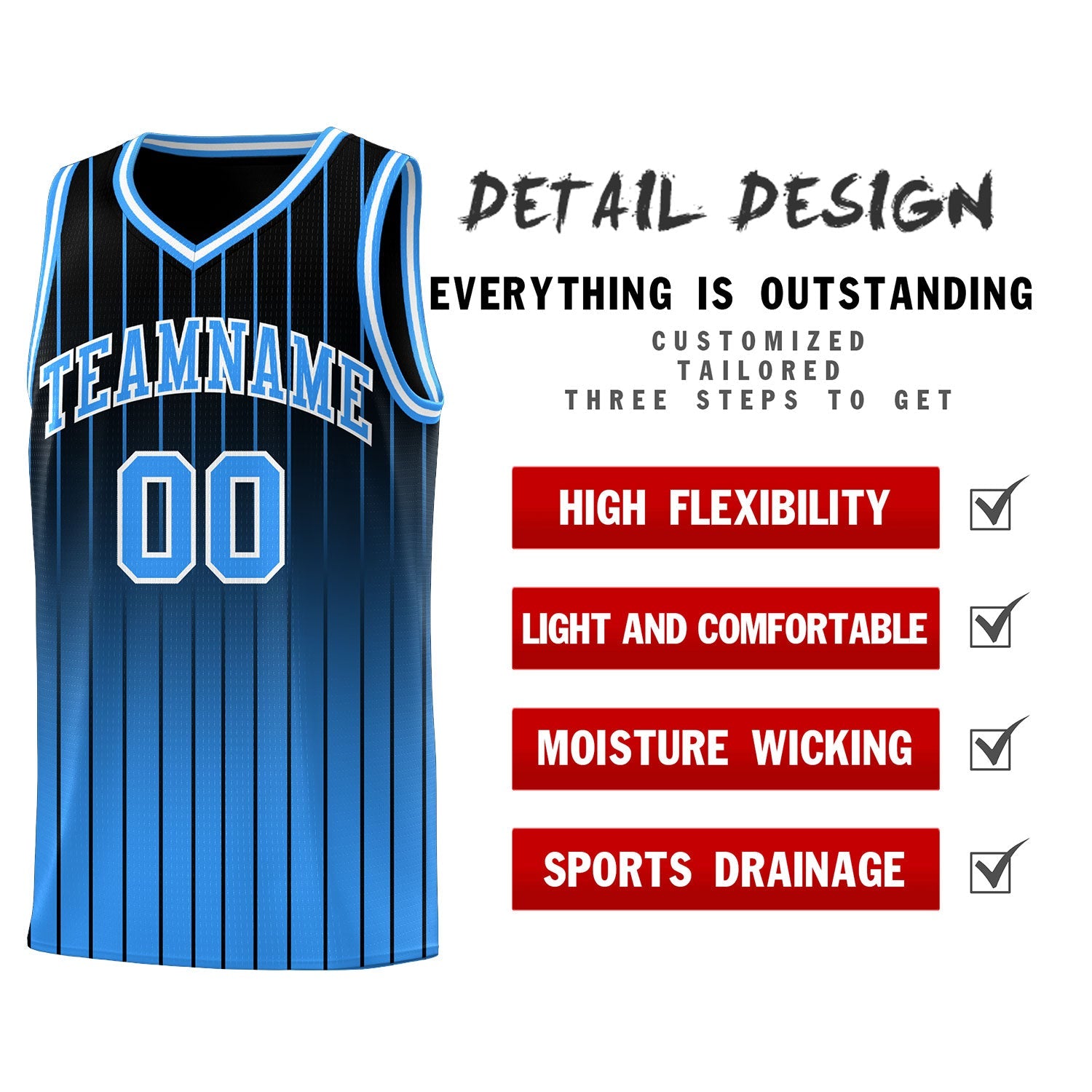 Custom Black Powder Blue Gradient Fashion Sets Sports Stripe Uniform Basketball Jersey