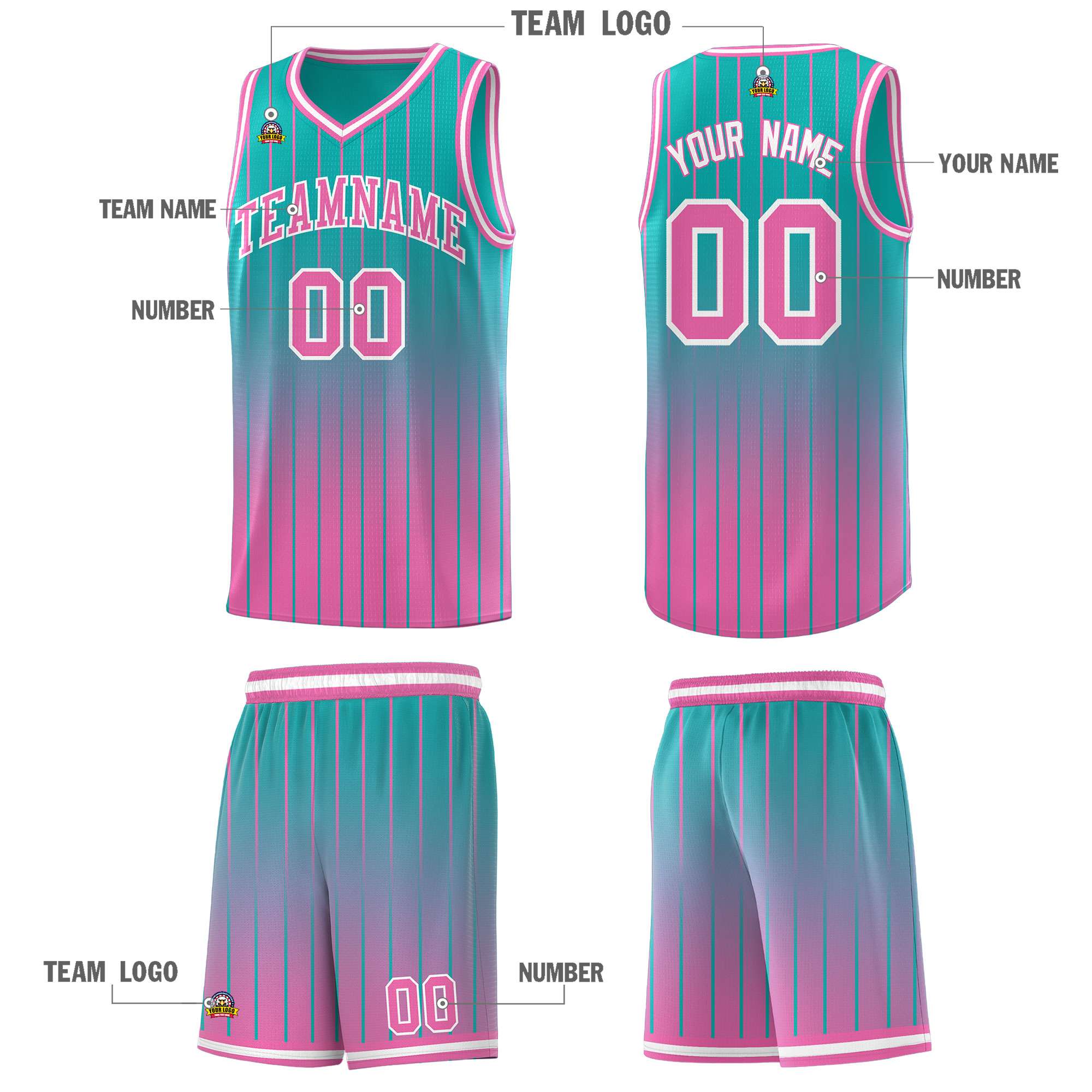 Custom Aqua Pink Gradient Fashion Sets Sports Stripe Uniform Basketball Jersey