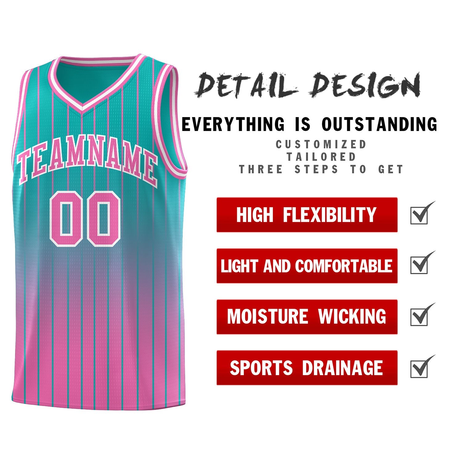 Custom Aqua Pink Gradient Fashion Sets Sports Stripe Uniform Basketball Jersey