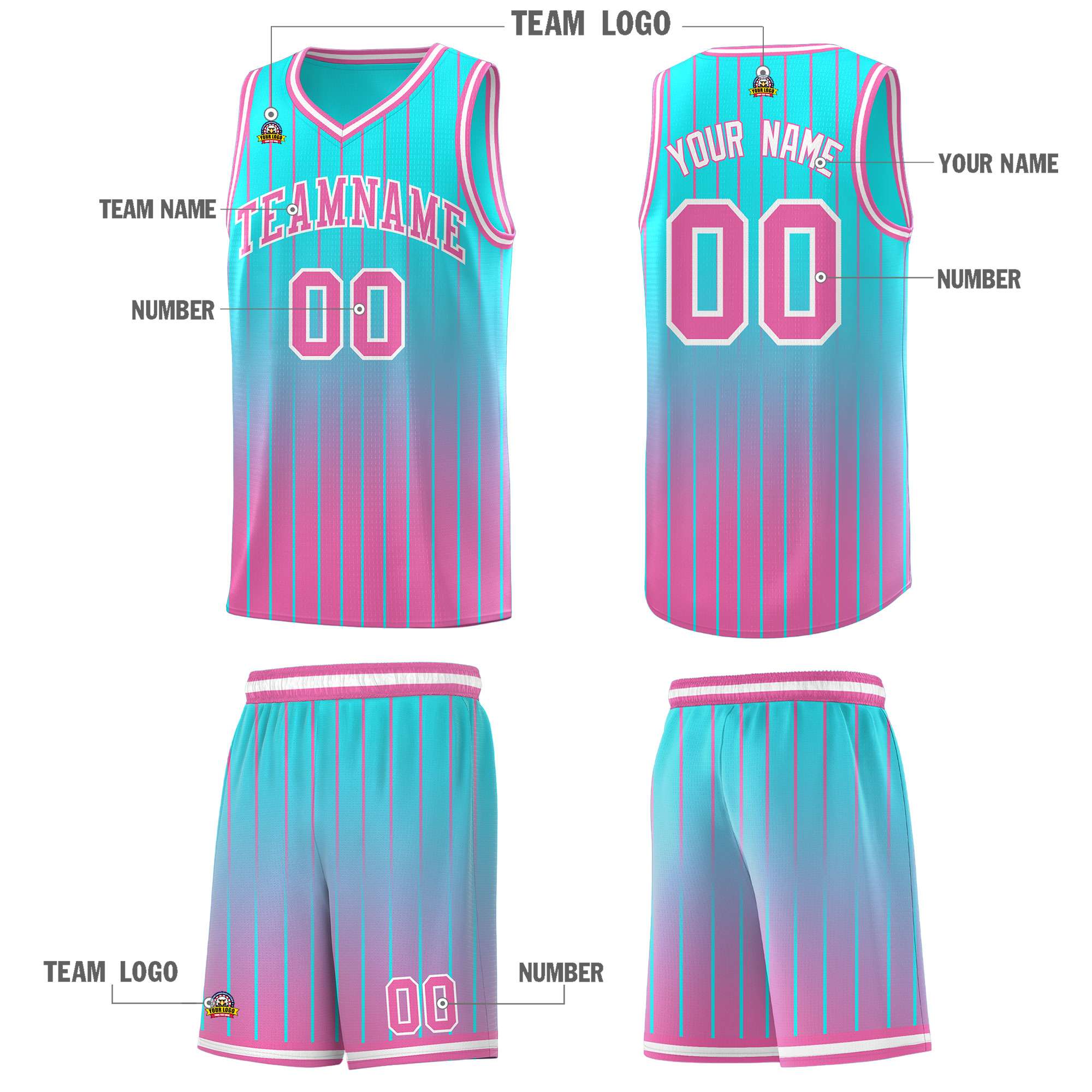 Custom Sky Blue Pink Gradient Fashion Sets Sports Stripe Uniform Basketball Jersey