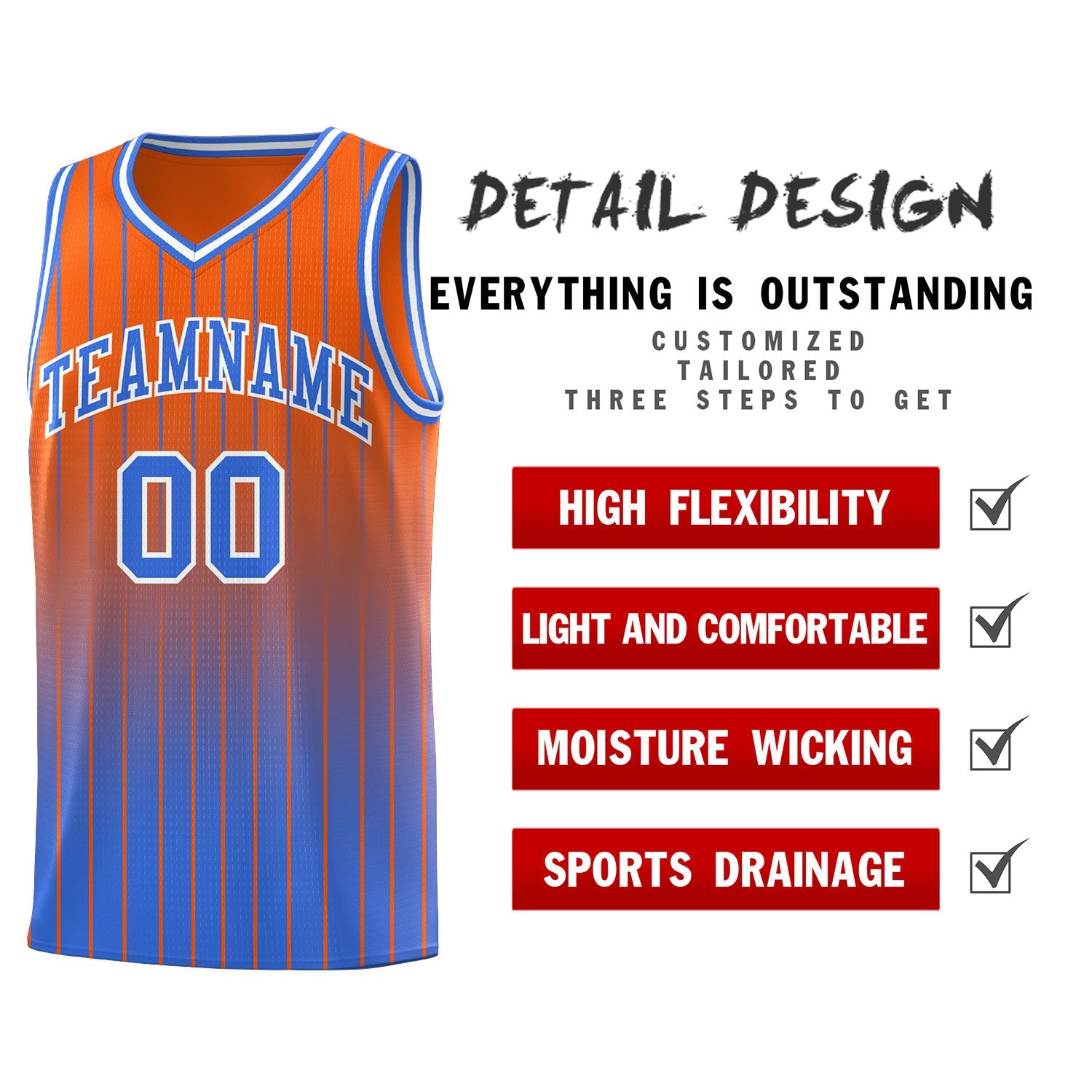 Custom Orange Powder Blue Gradient Fashion Sets Sports Stripe Uniform Basketball Jersey