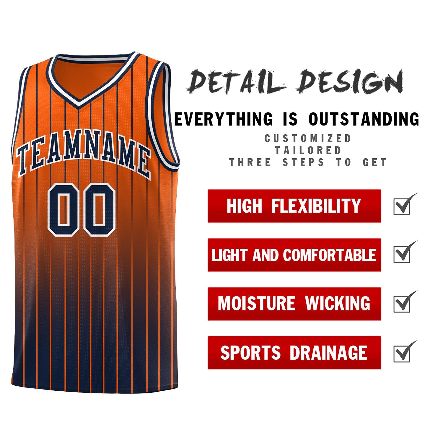 Custom Orange Navy Gradient Fashion Sets Sports Stripe Uniform Basketball Jersey