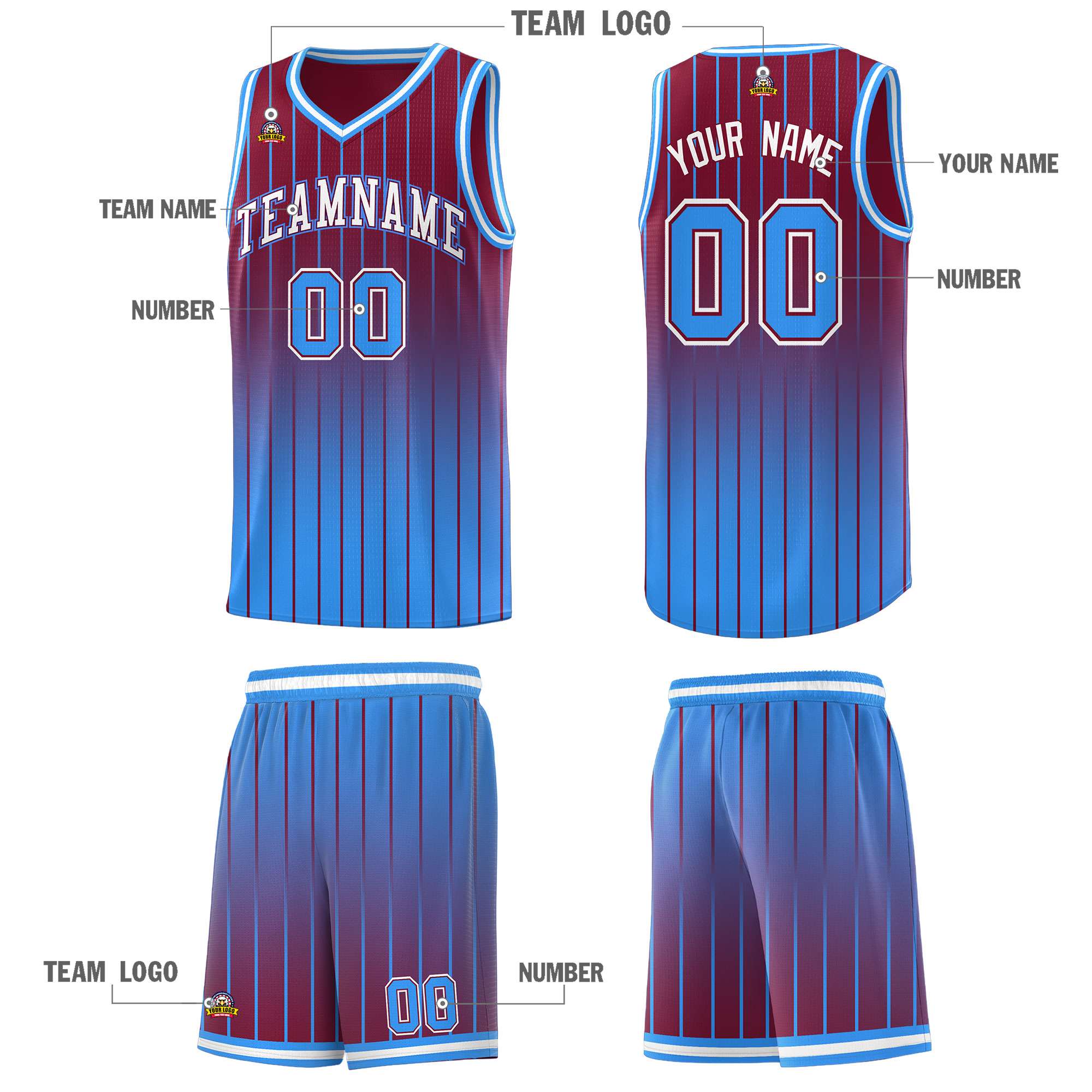 Custom Crimson Powder Blue Gradient Fashion Sets Sports Stripe Uniform Basketball Jersey