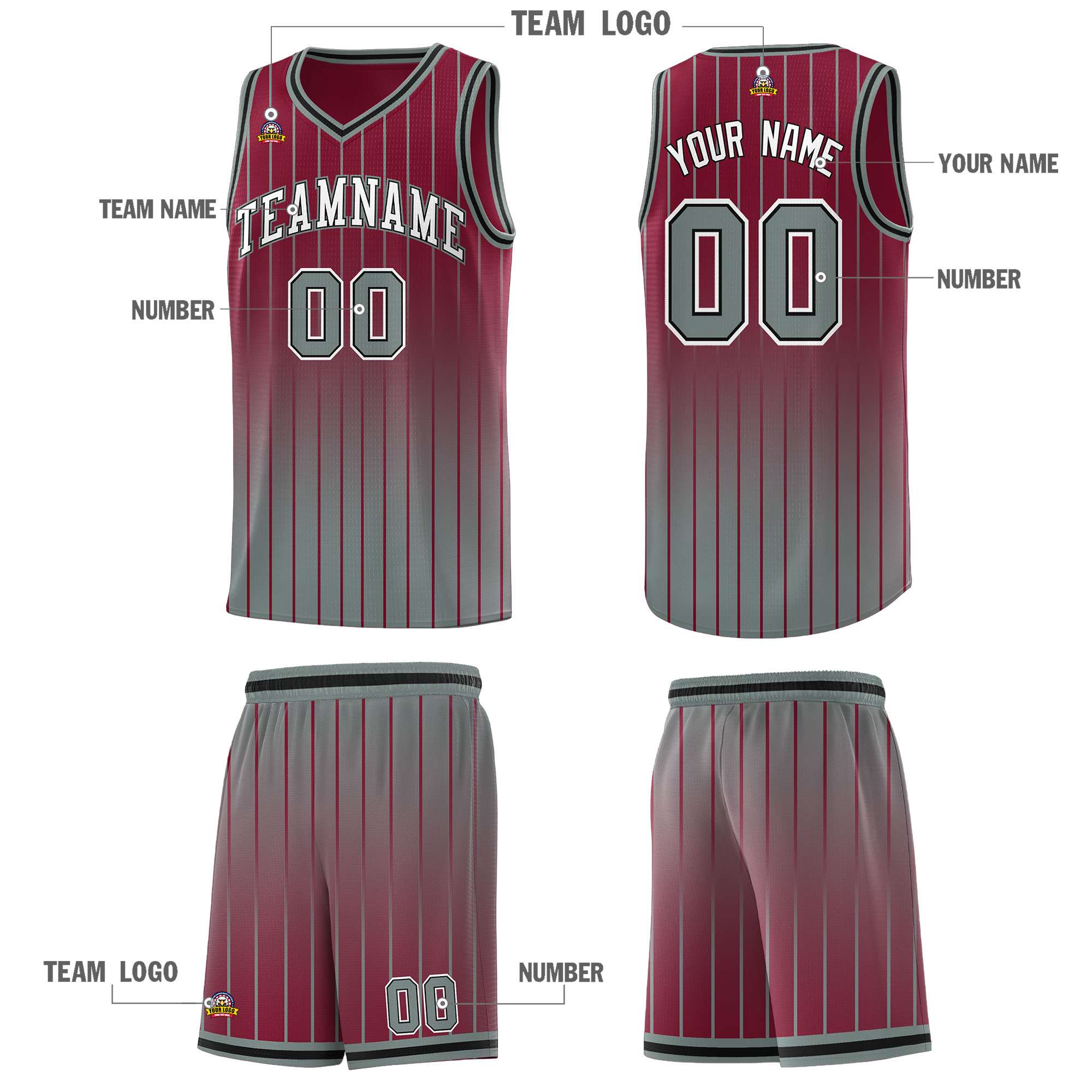 Custom Crimson Gray Gradient Fashion Sets Sports Stripe Uniform Basketball Jersey