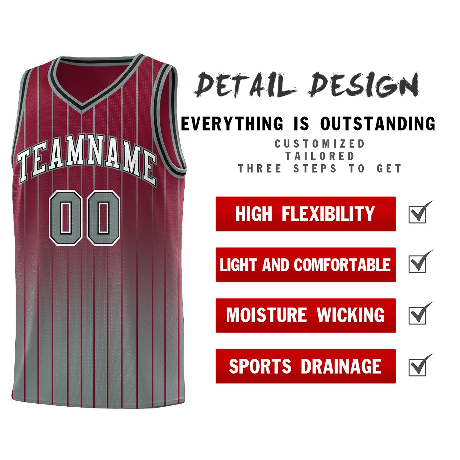 Custom Crimson Gray Gradient Fashion Sets Sports Stripe Uniform Basketball Jersey