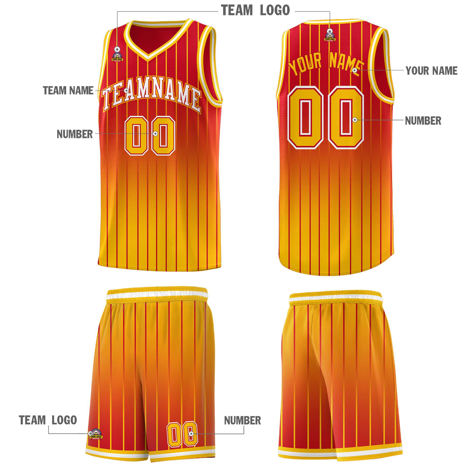 Custom Red Gold Gradient Fashion Sets Sports Stripe Uniform Basketball Jersey