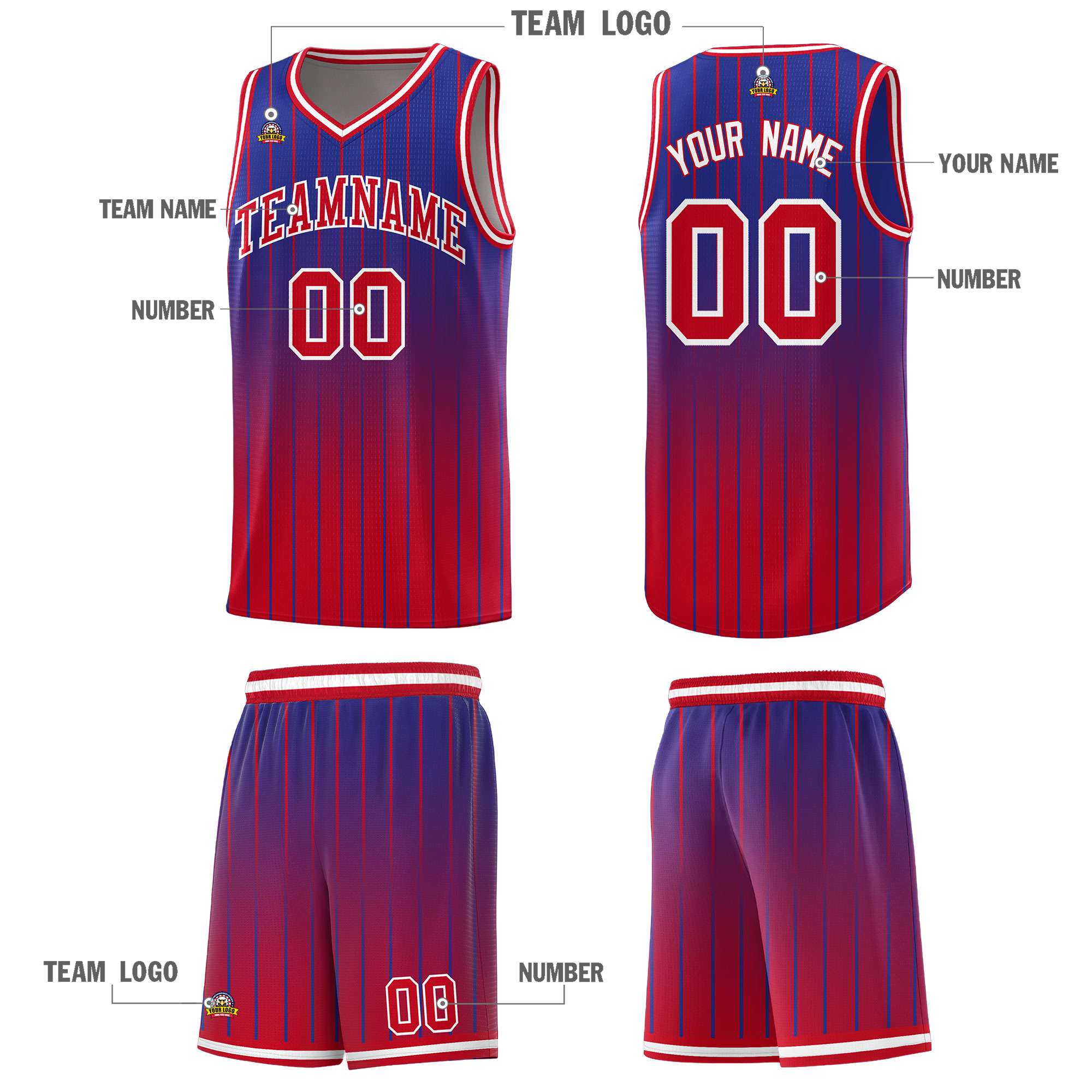 Custom Royal Red Gradient Fashion Sets Sports Stripe Uniform Basketball Jersey