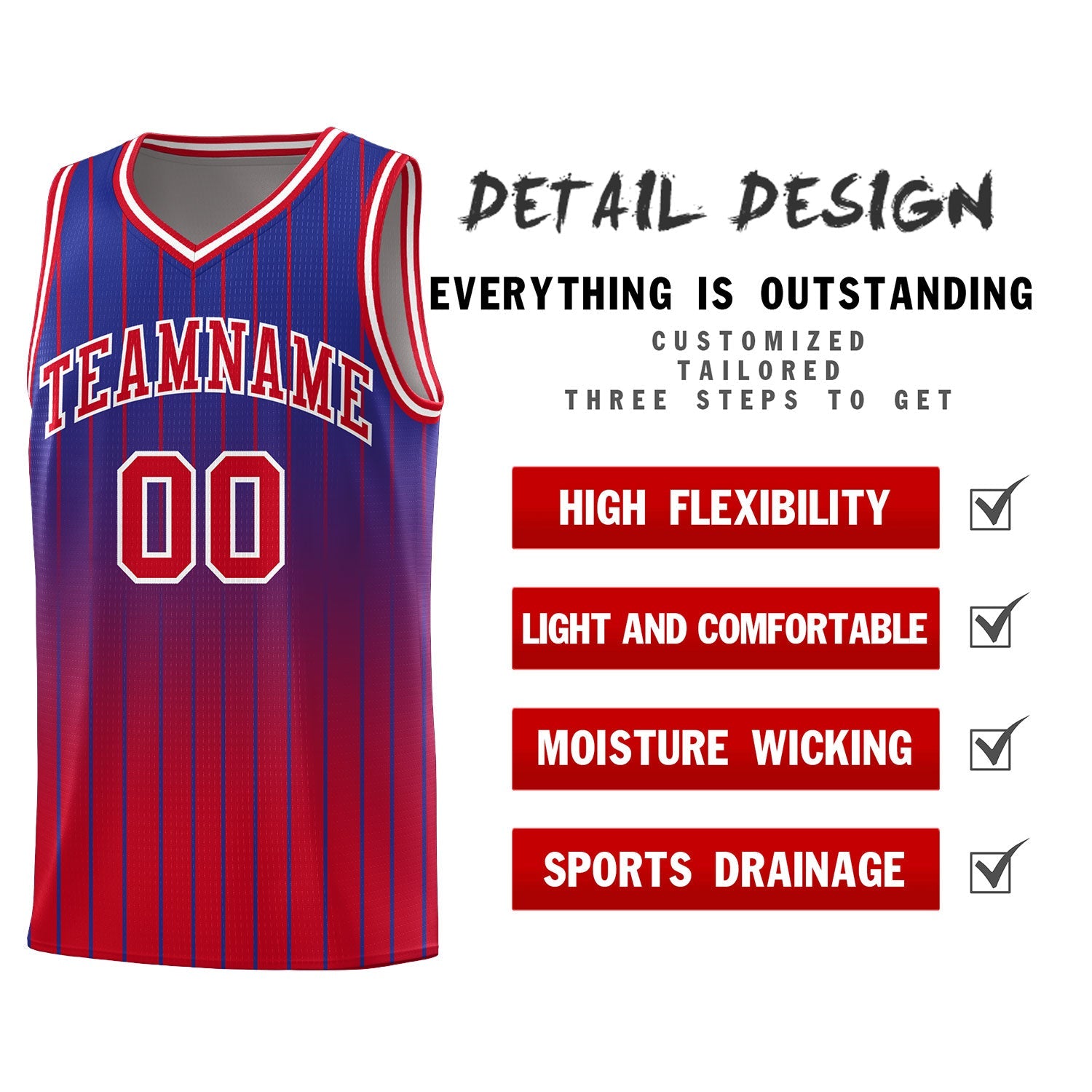 Custom Royal Red Gradient Fashion Sets Sports Stripe Uniform Basketball Jersey