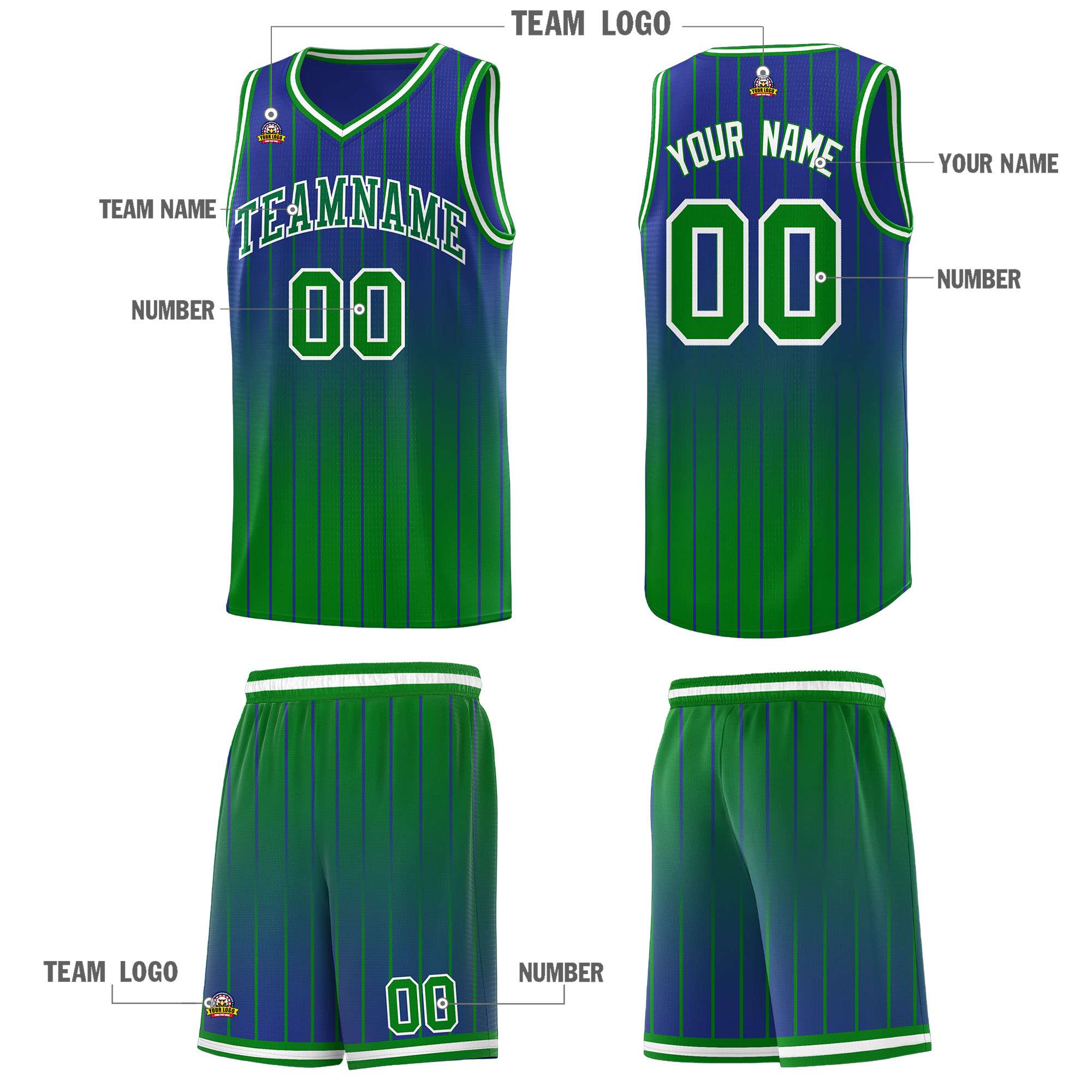 Custom Royal Green Gradient Fashion Sets Sports Stripe Uniform Basketball Jersey