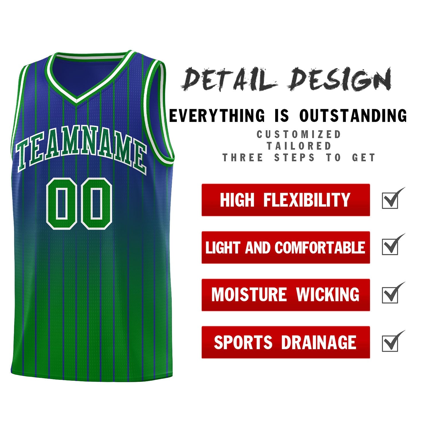 Custom Royal Green Gradient Fashion Sets Sports Stripe Uniform Basketball Jersey