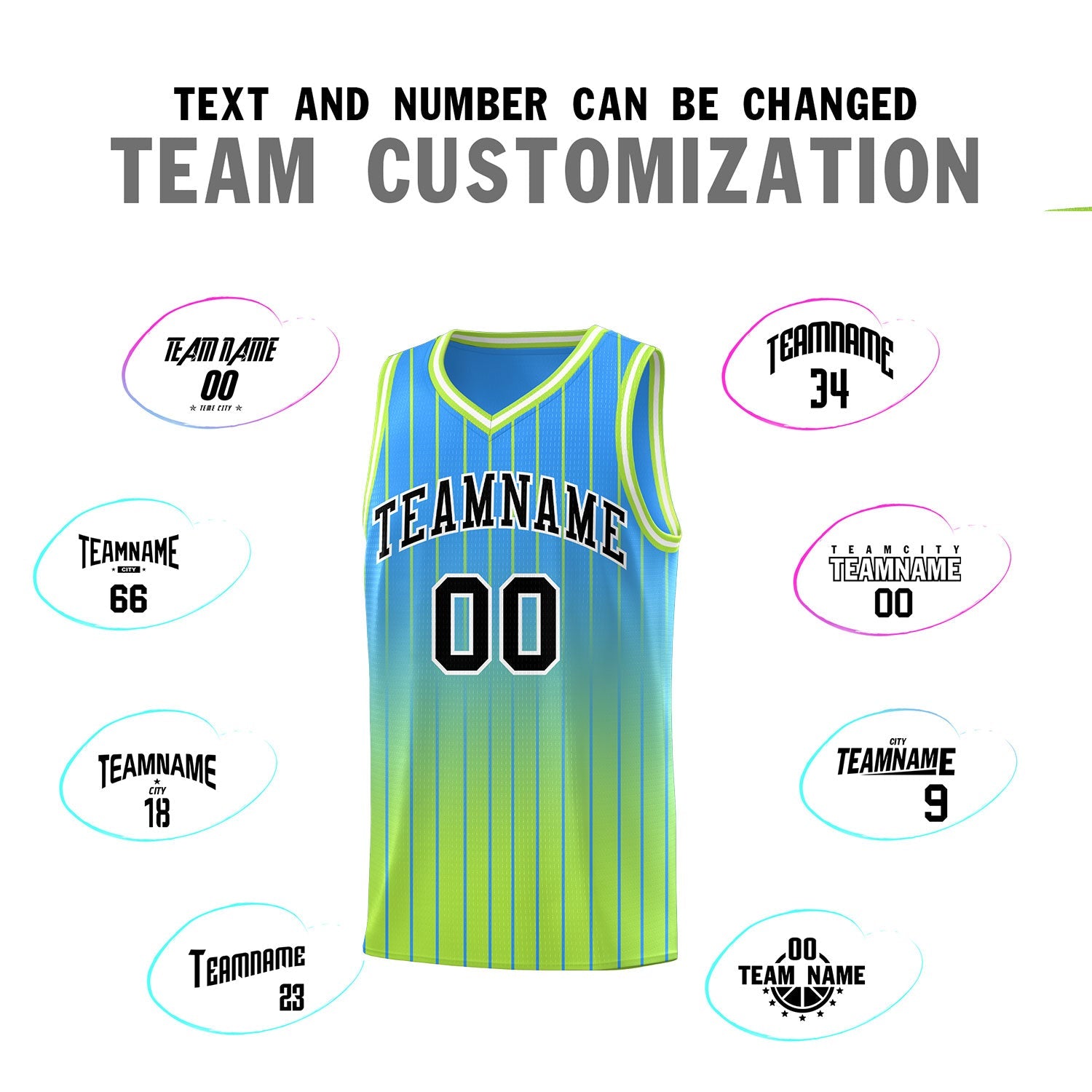 Custom Powder Blue Neon Green Gradient Fashion Sets Sports Stripe Uniform Basketball Jersey