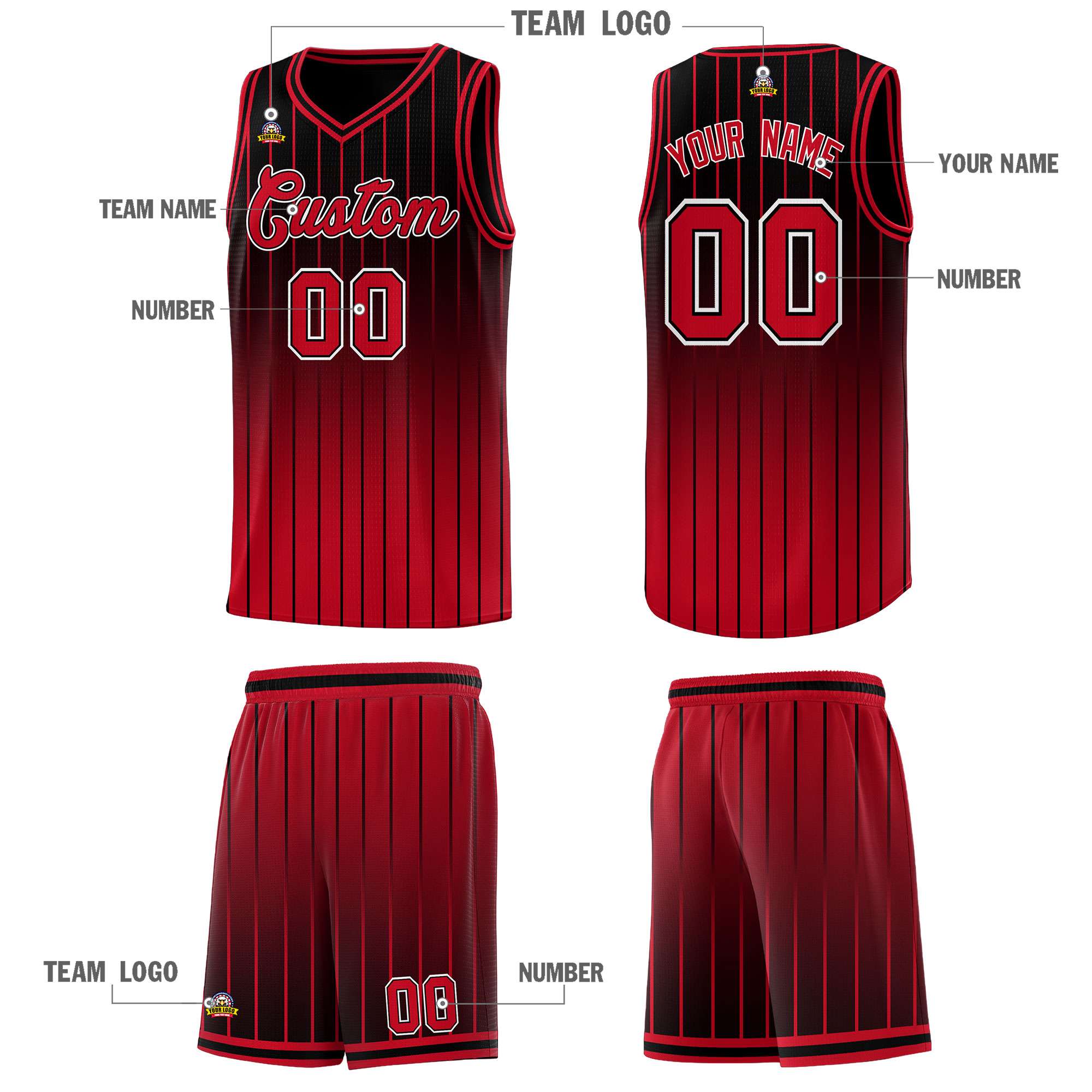 Custom Black Red Gradient Fashion Sets Sports Stripe Uniform Basketball Jersey