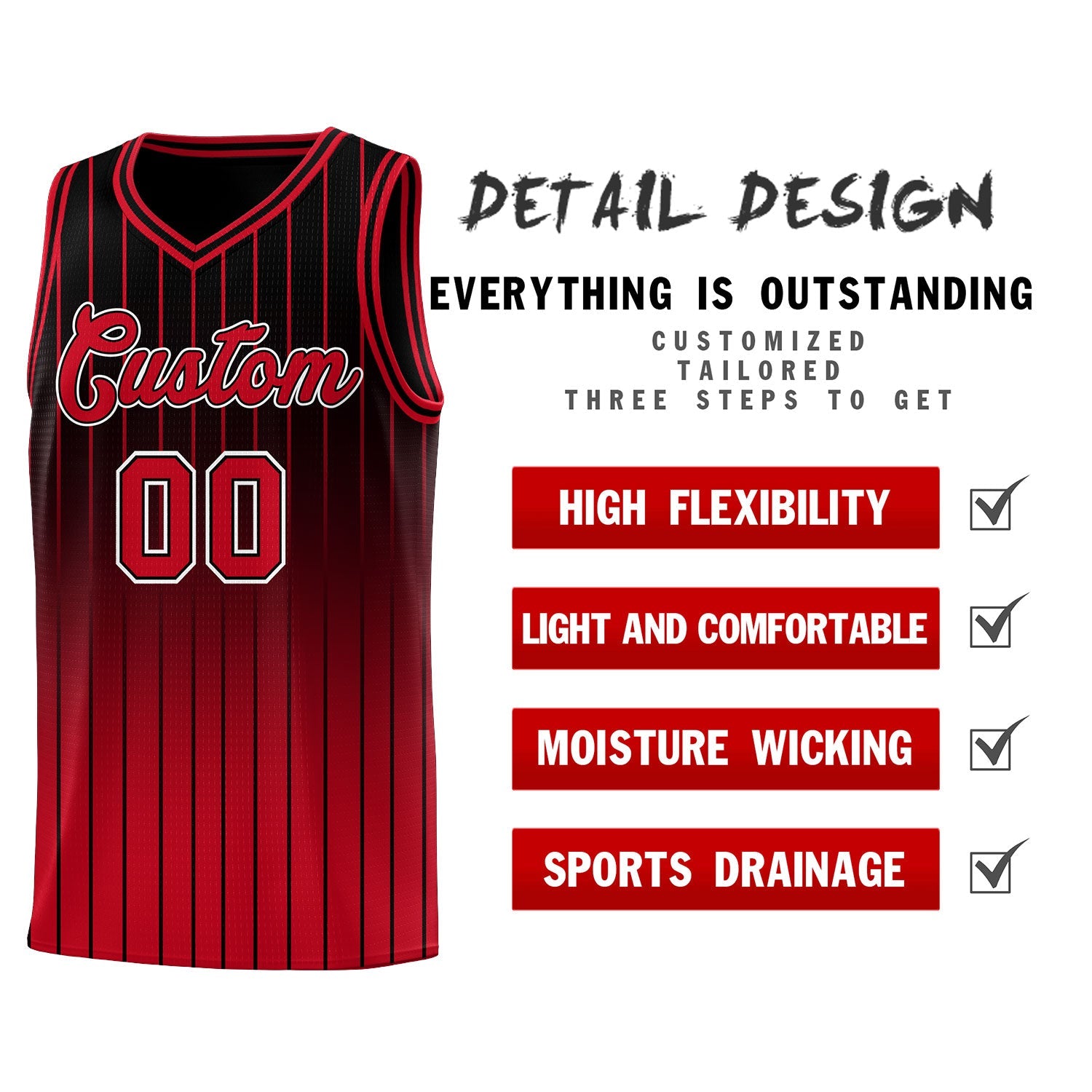 Custom Black Red Gradient Fashion Sets Sports Stripe Uniform Basketball Jersey