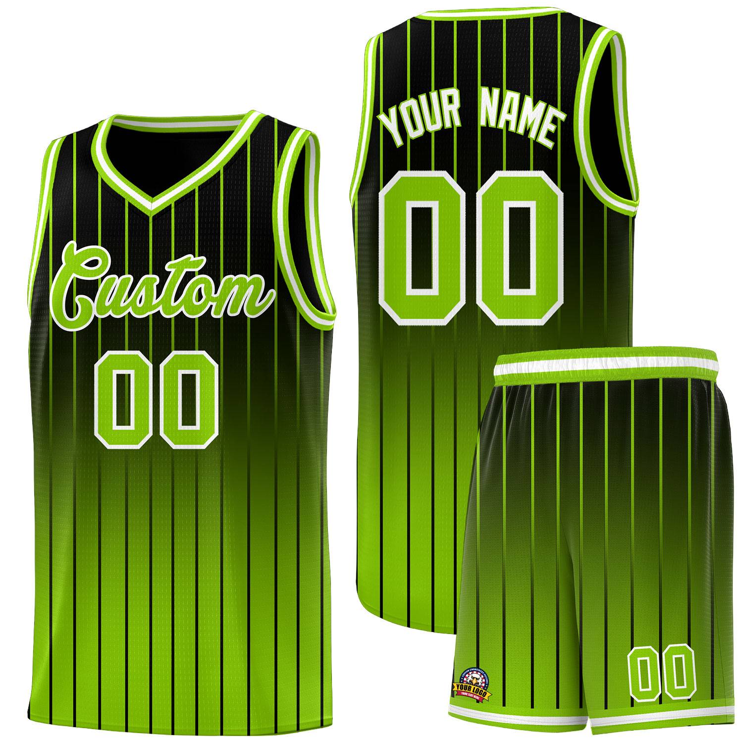 Custom Black Neon Green Gradient Fashion Sets Sports Stripe Uniform Basketball Jersey