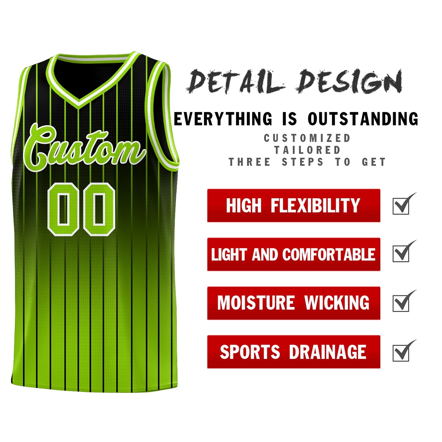 Custom Black Neon Green Gradient Fashion Sets Sports Stripe Uniform Basketball Jersey