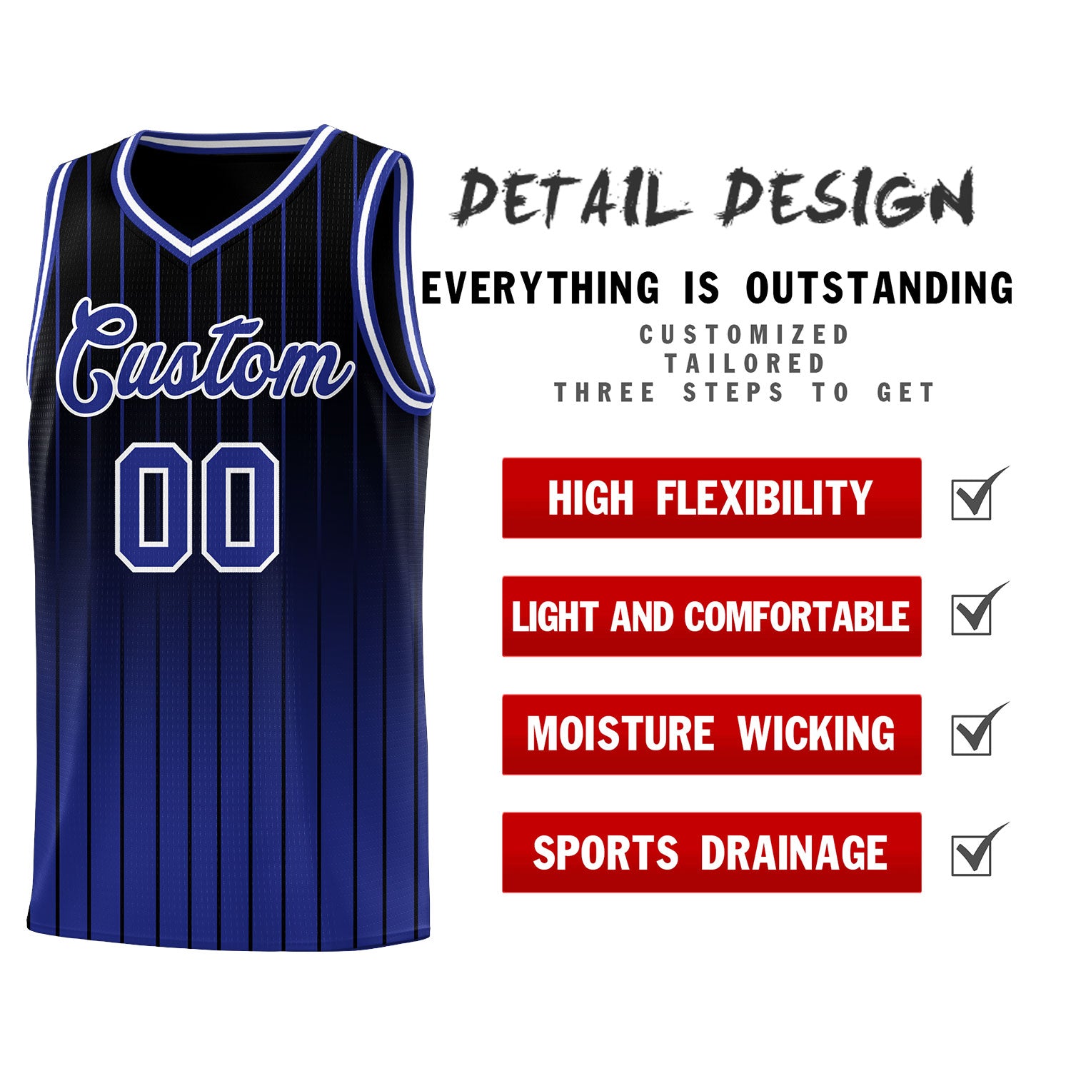 Custom Black Royal Gradient Fashion Sets Sports Stripe Uniform Basketball Jersey