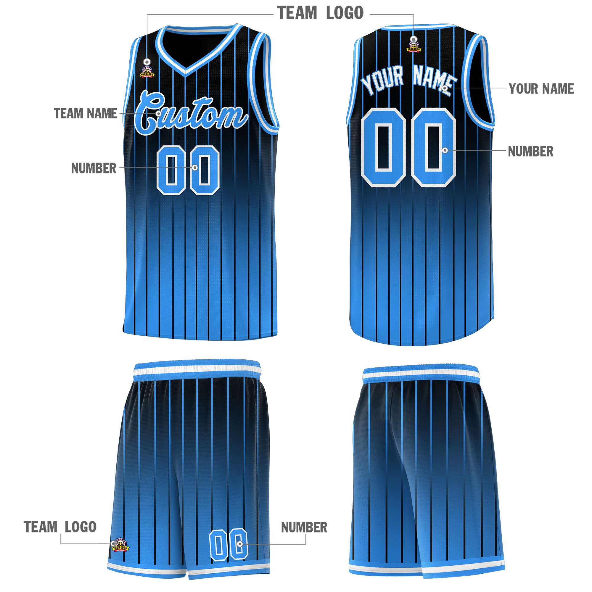 Custom Black Powder Blue Gradient Fashion Sets Sports Stripe Uniform Basketball Jersey