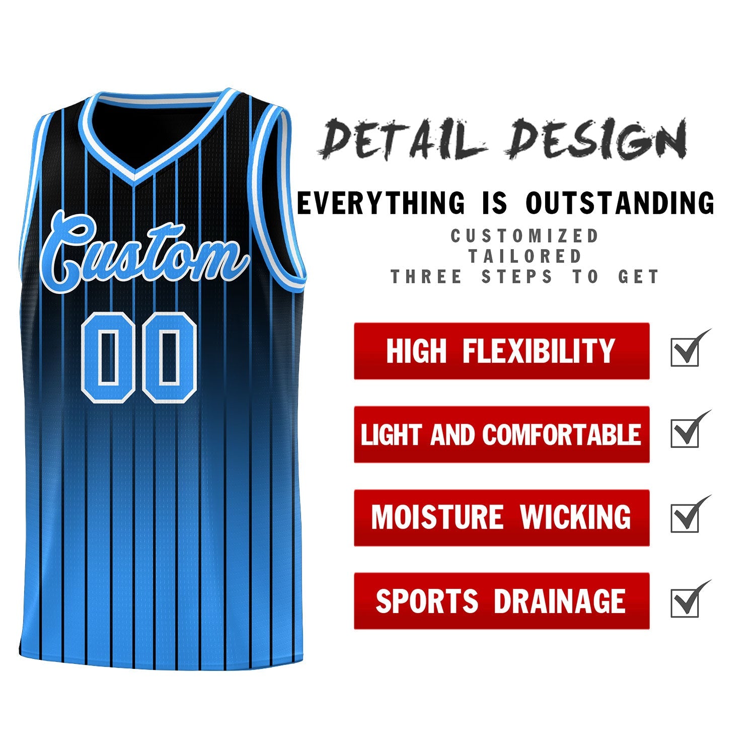 Custom Black Powder Blue Gradient Fashion Sets Sports Stripe Uniform Basketball Jersey