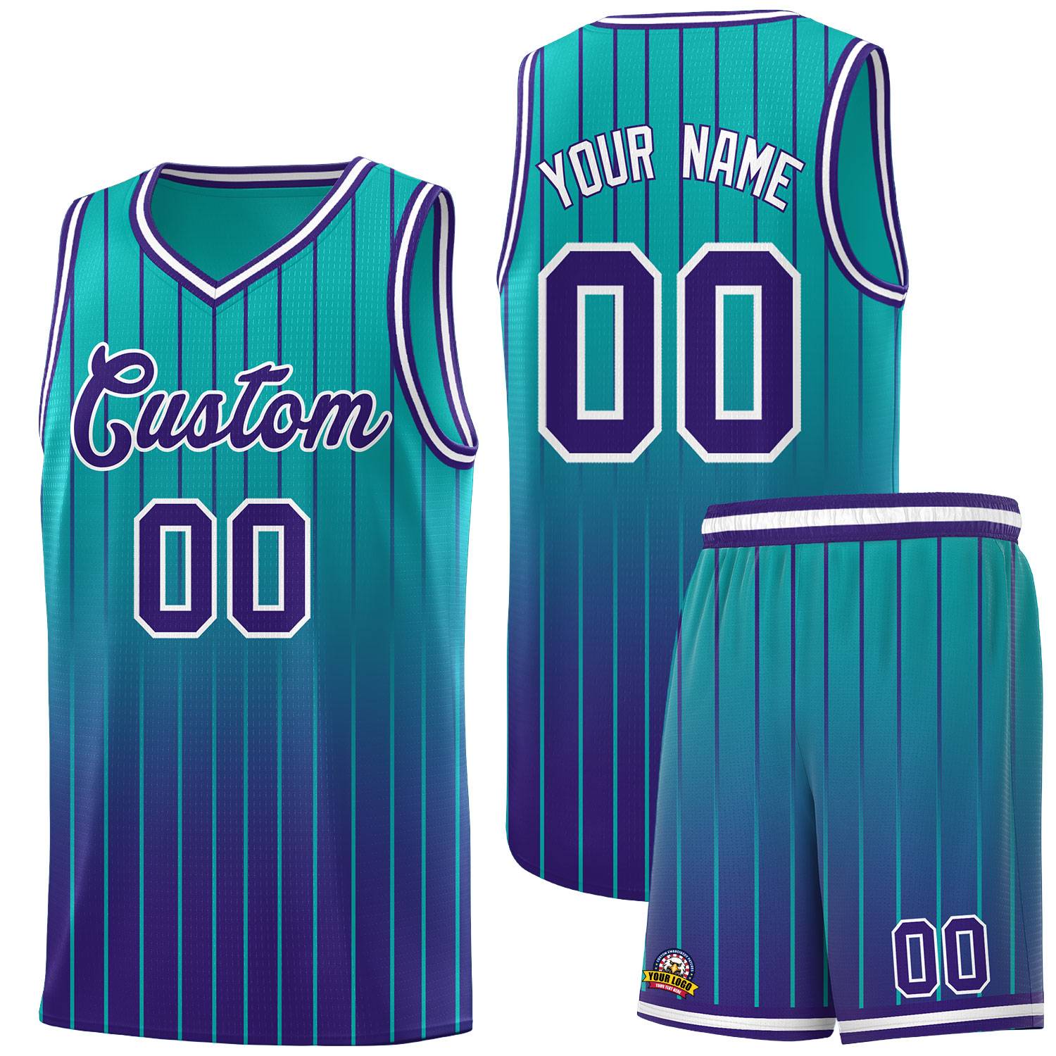 Custom Aqua Purple Gradient Fashion Sets Sports Stripe Uniform Basketball Jersey