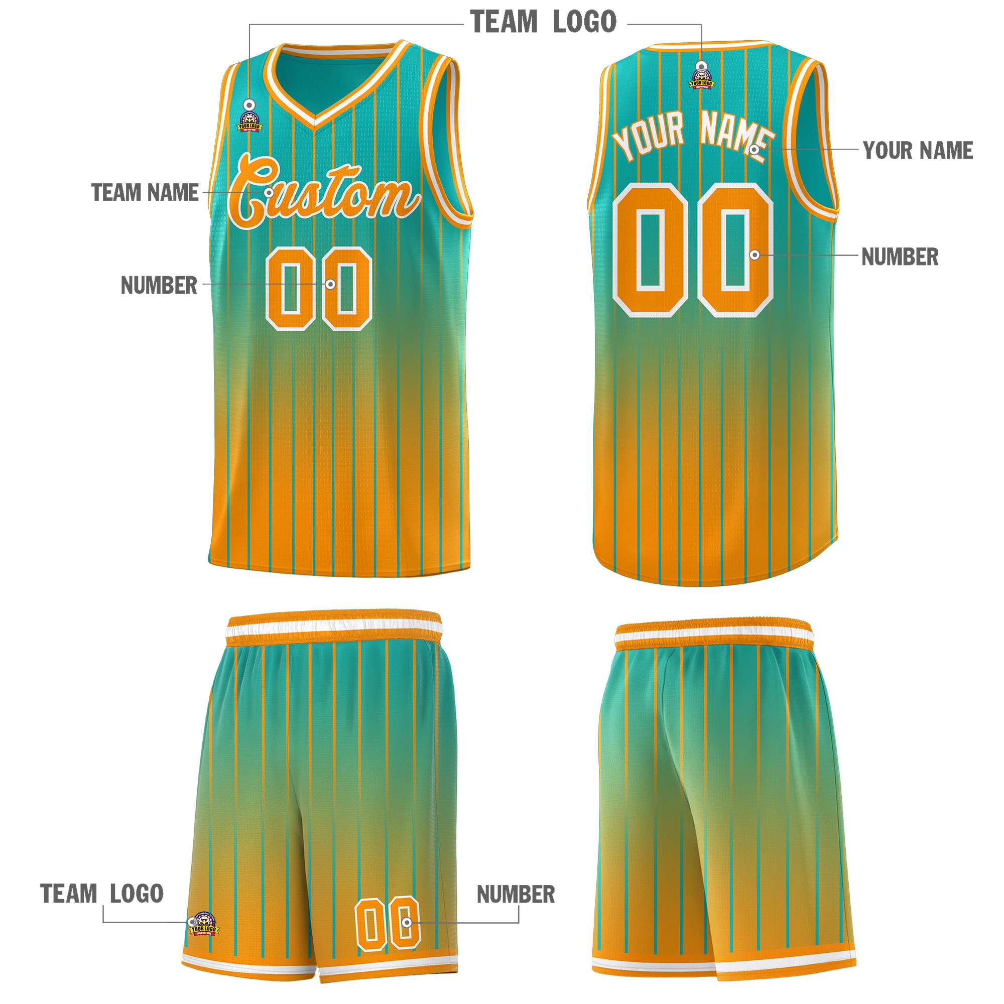 Custom Aqua Orange Gradient Fashion Sets Sports Stripe Uniform Basketball Jersey