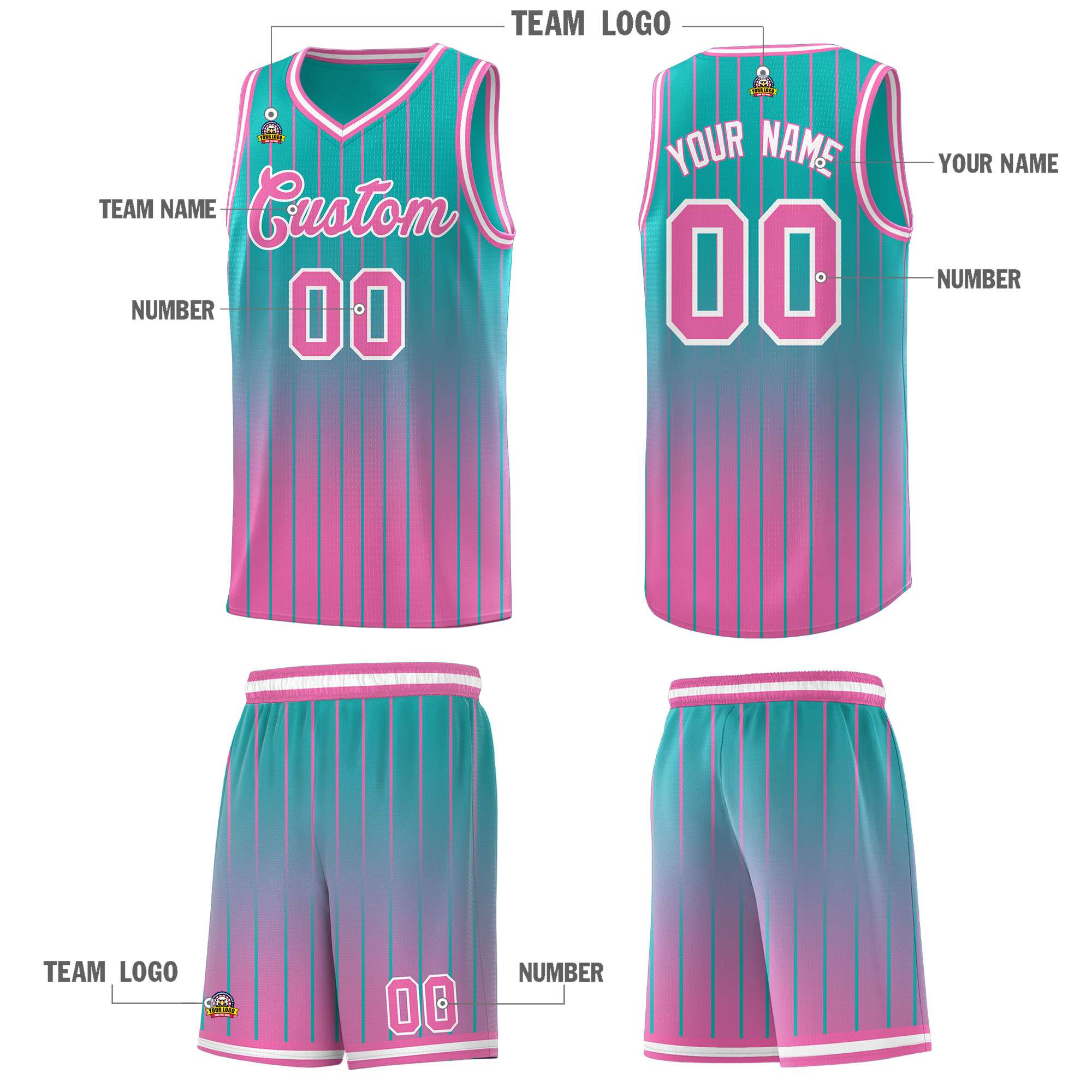 Custom Aqua Pink Gradient Fashion Sets Sports Stripe Uniform Basketball Jersey