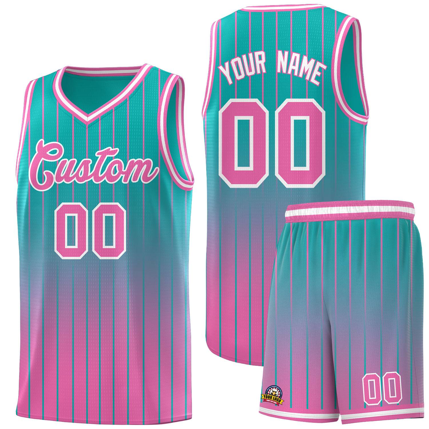 Custom Aqua Pink Gradient Fashion Sets Sports Stripe Uniform Basketball Jersey