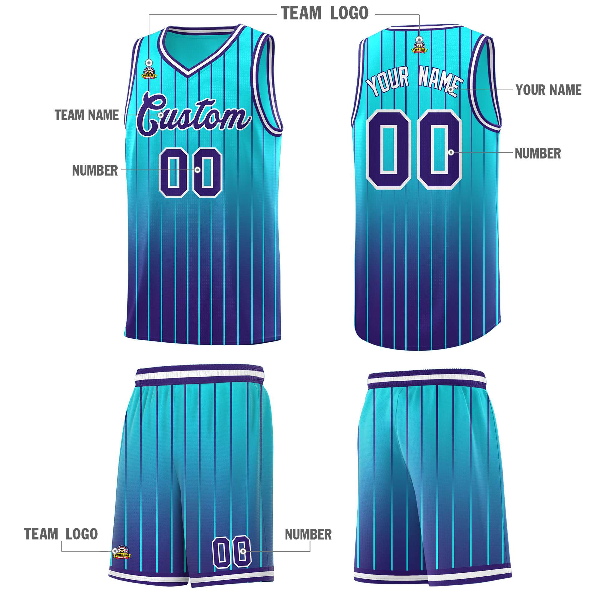 Custom Sky Blue Purple Gradient Fashion Sets Sports Stripe Uniform Basketball Jersey