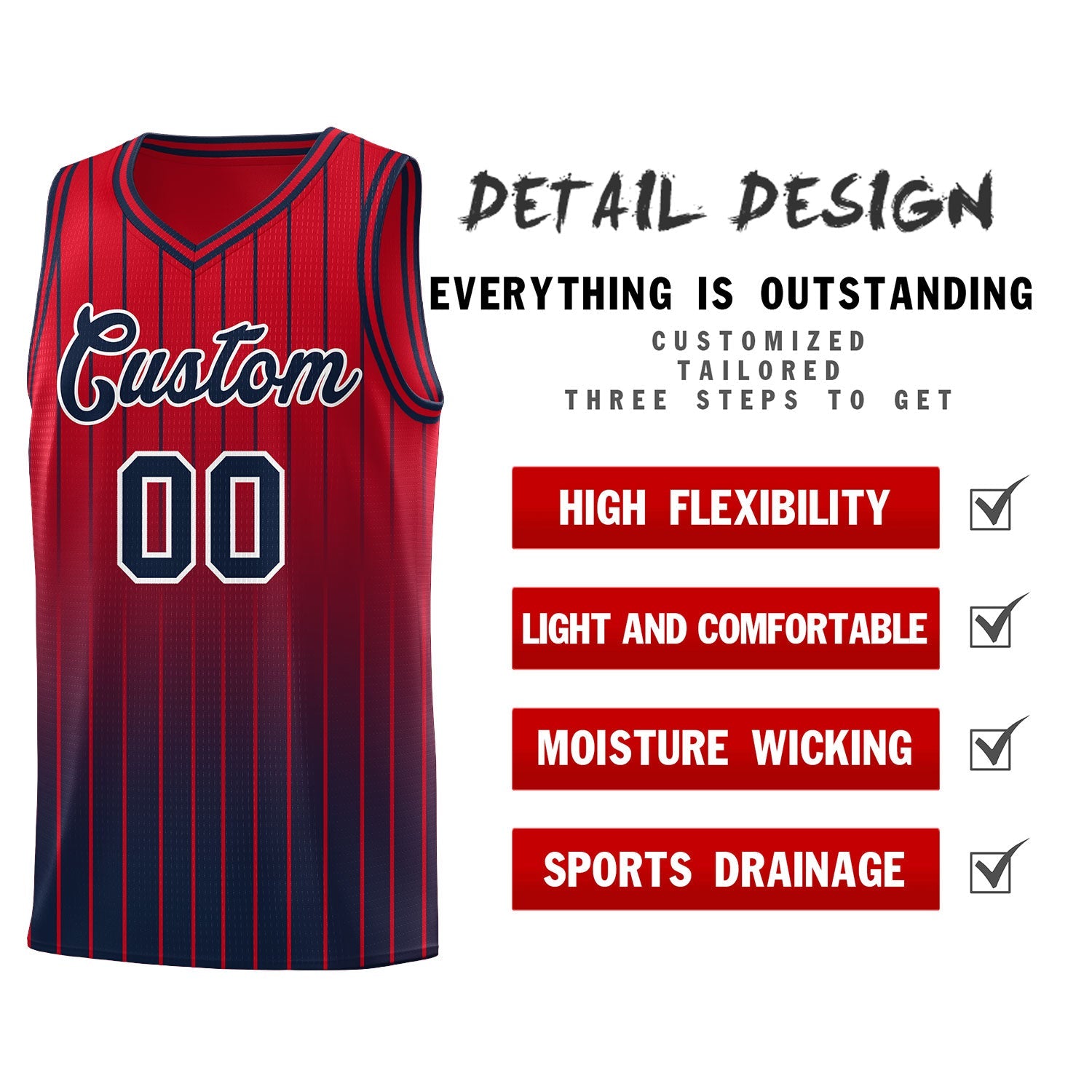 Custom Red Navy Gradient Fashion Sets Sports Stripe Uniform Basketball Jersey