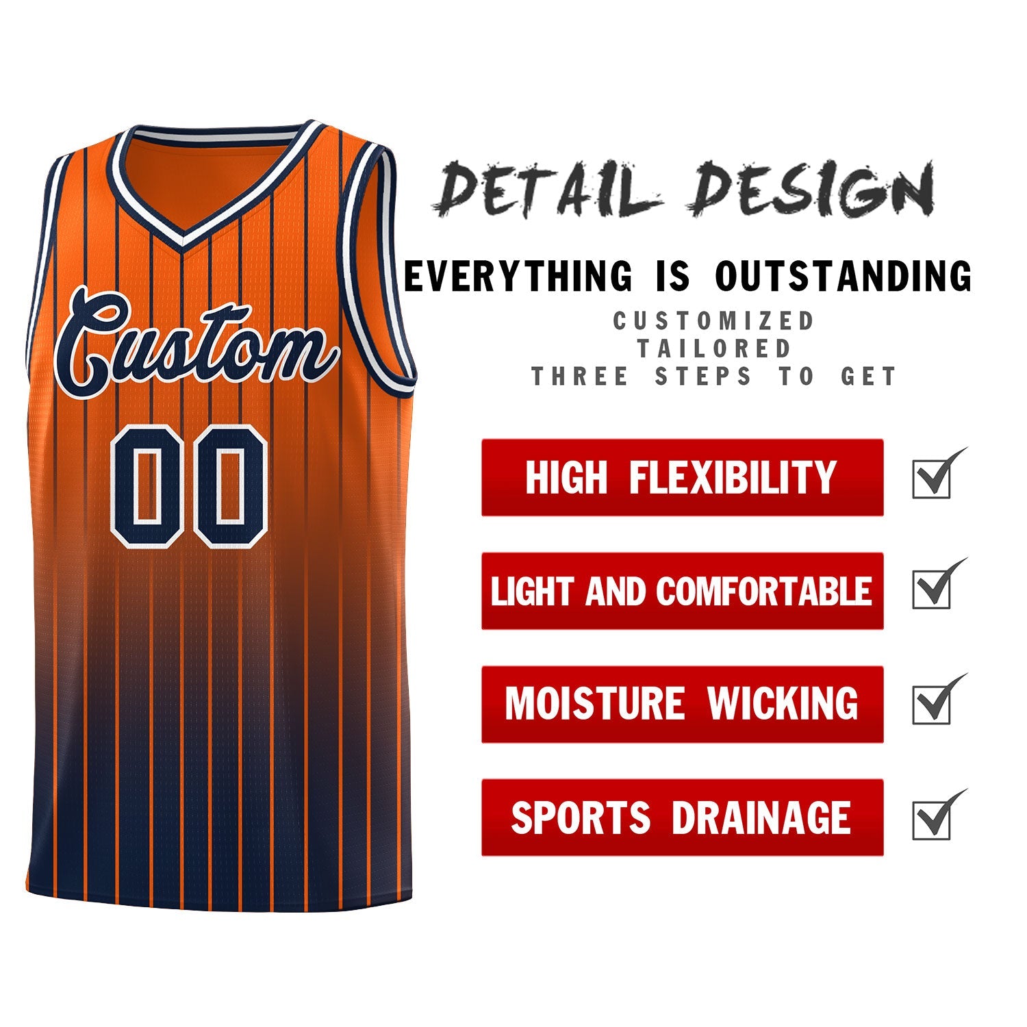 Custom Orange Navy Gradient Fashion Sets Sports Stripe Uniform Basketball Jersey