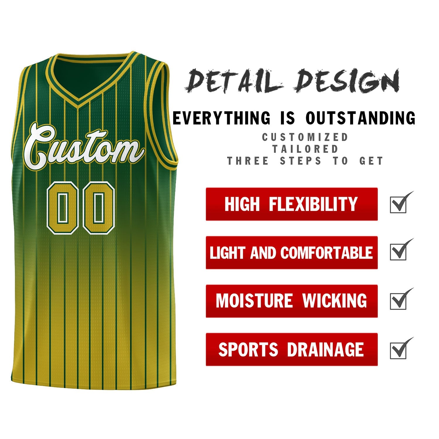 Custom Green Old Gold Gradient Fashion Sets Sports Stripe Uniform Basketball Jersey