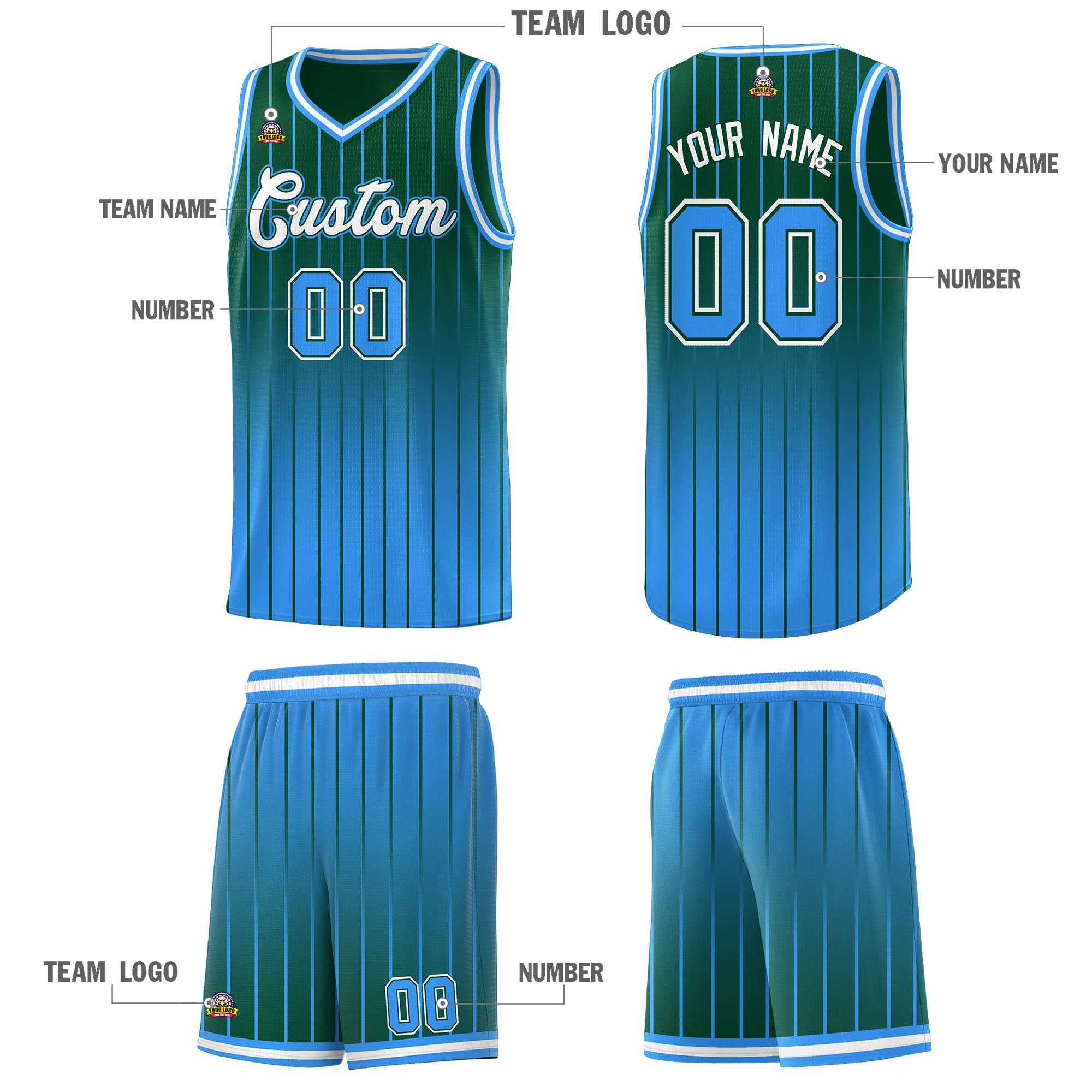 Custom Green Powder Blue Gradient Fashion Sets Sports Stripe Uniform Basketball Jersey