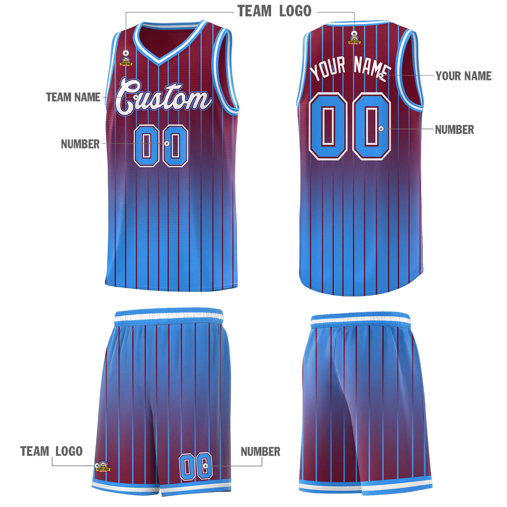 Custom Crimson Powder Blue Gradient Fashion Sets Sports Stripe Uniform Basketball Jersey