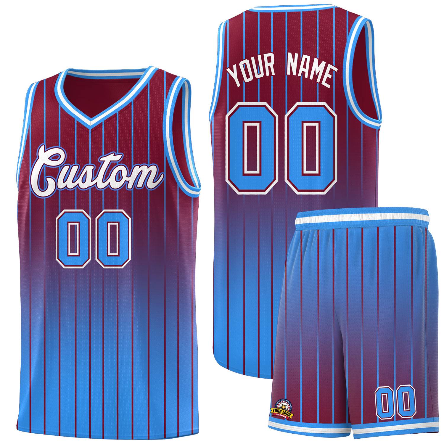 Custom Crimson Powder Blue Gradient Fashion Sets Sports Stripe Uniform Basketball Jersey