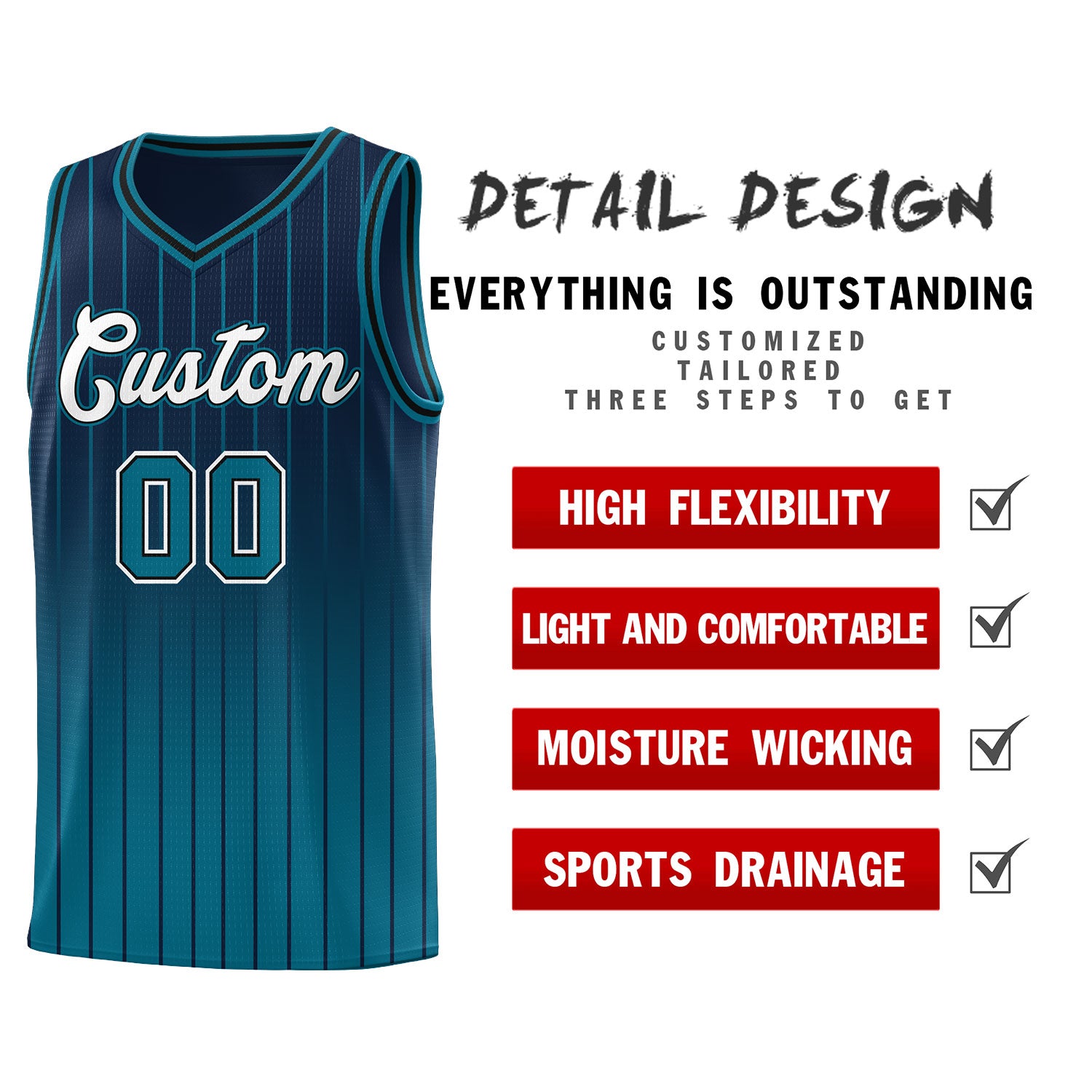 Custom Navy Aqua Gradient Fashion Sets Sports Stripe Uniform Basketball Jersey