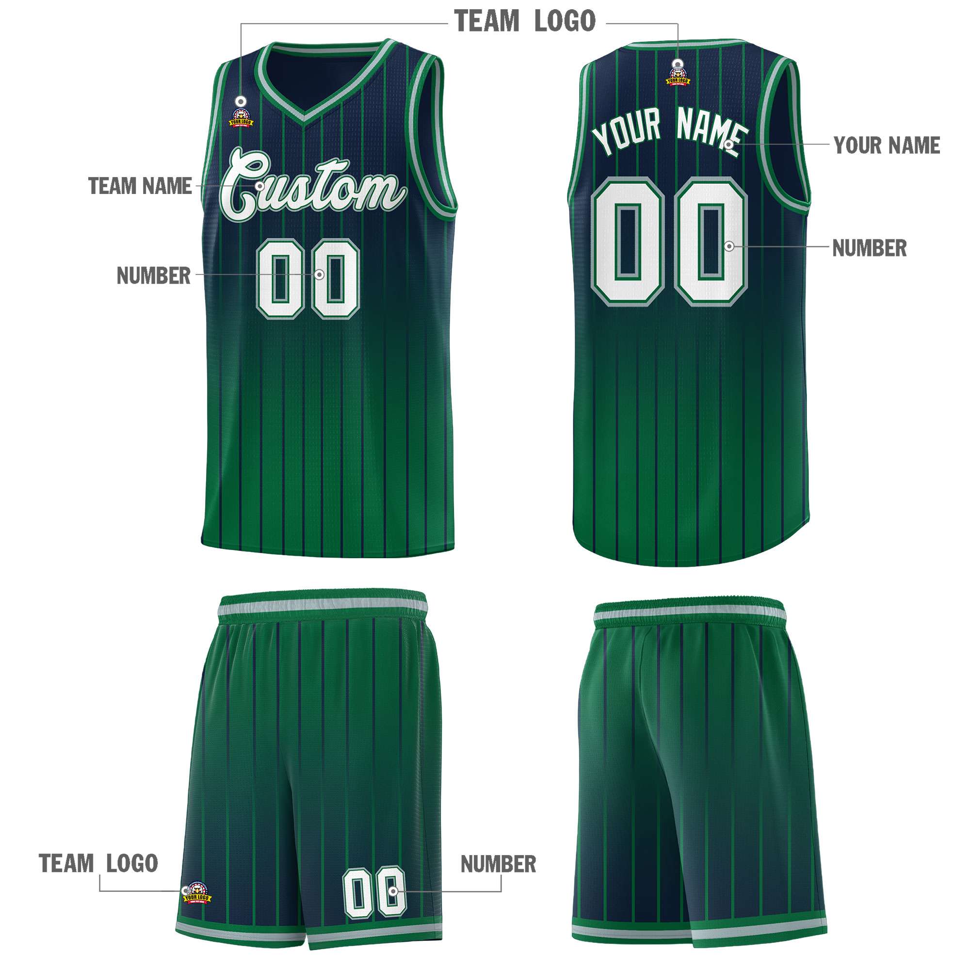 Custom Navy Kelly Green Gradient Fashion Sets Sports Stripe Uniform Basketball Jersey