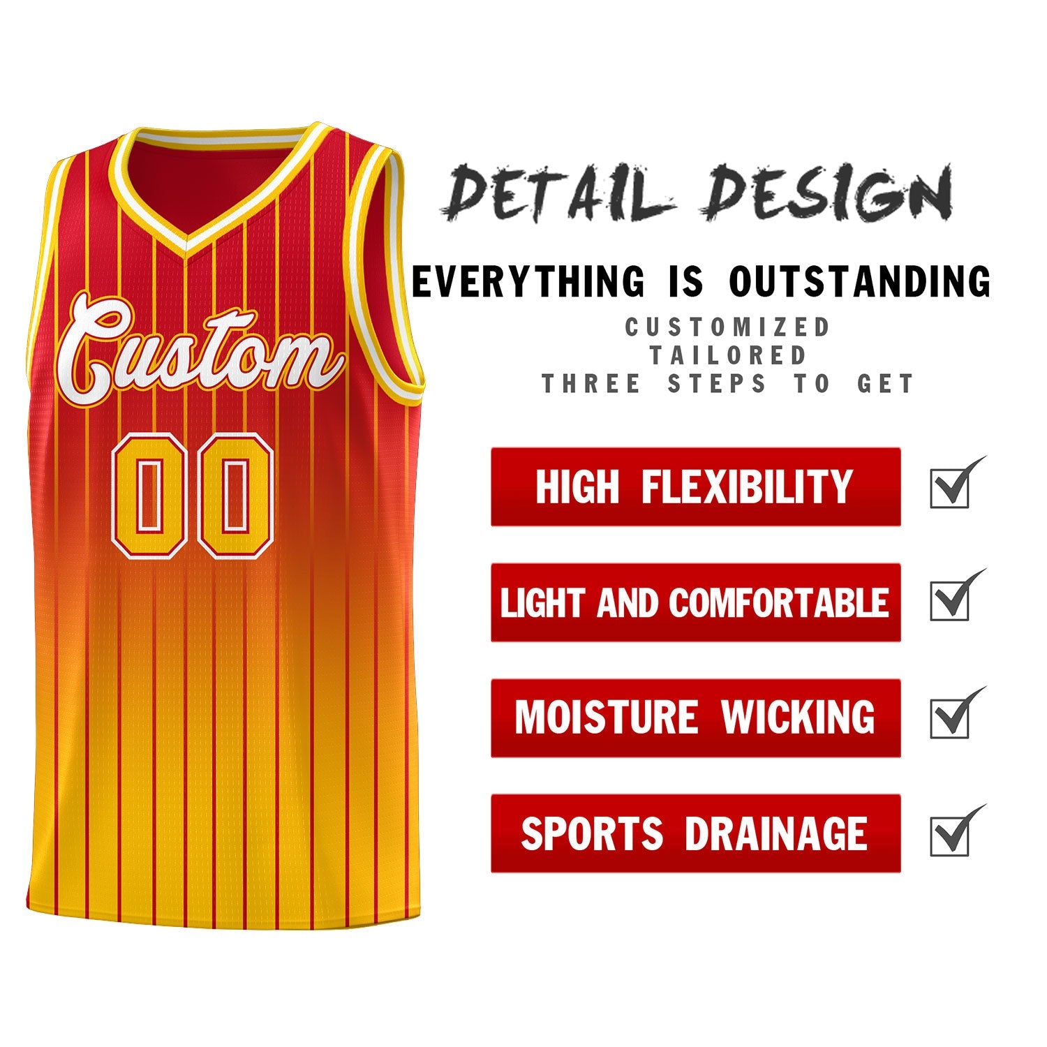 Custom Red Gold Gradient Fashion Sets Sports Stripe Uniform Basketball Jersey