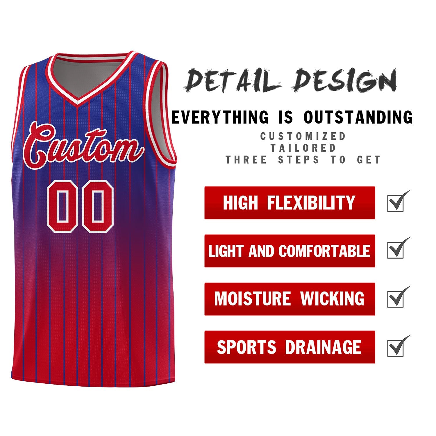 Custom Royal Red Gradient Fashion Sets Sports Stripe Uniform Basketball Jersey