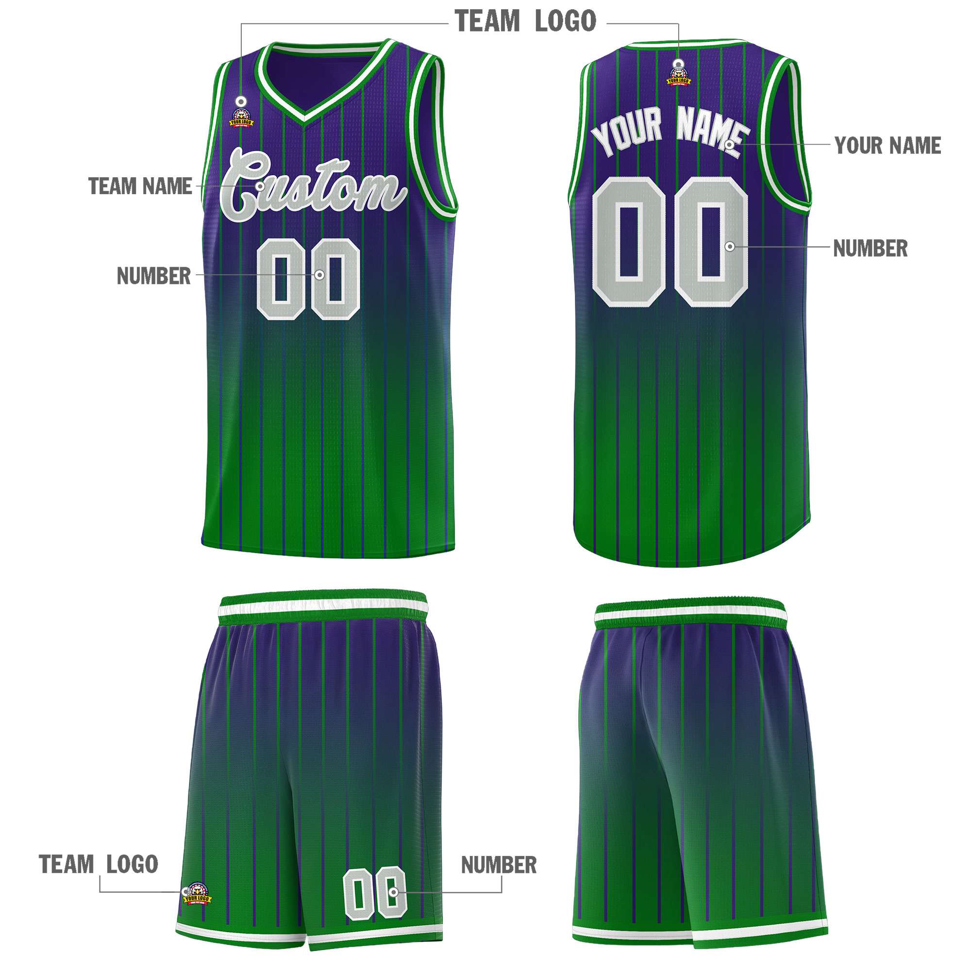 Custom Purple Green Gradient Fashion Sets Sports Stripe Uniform Basketball Jersey