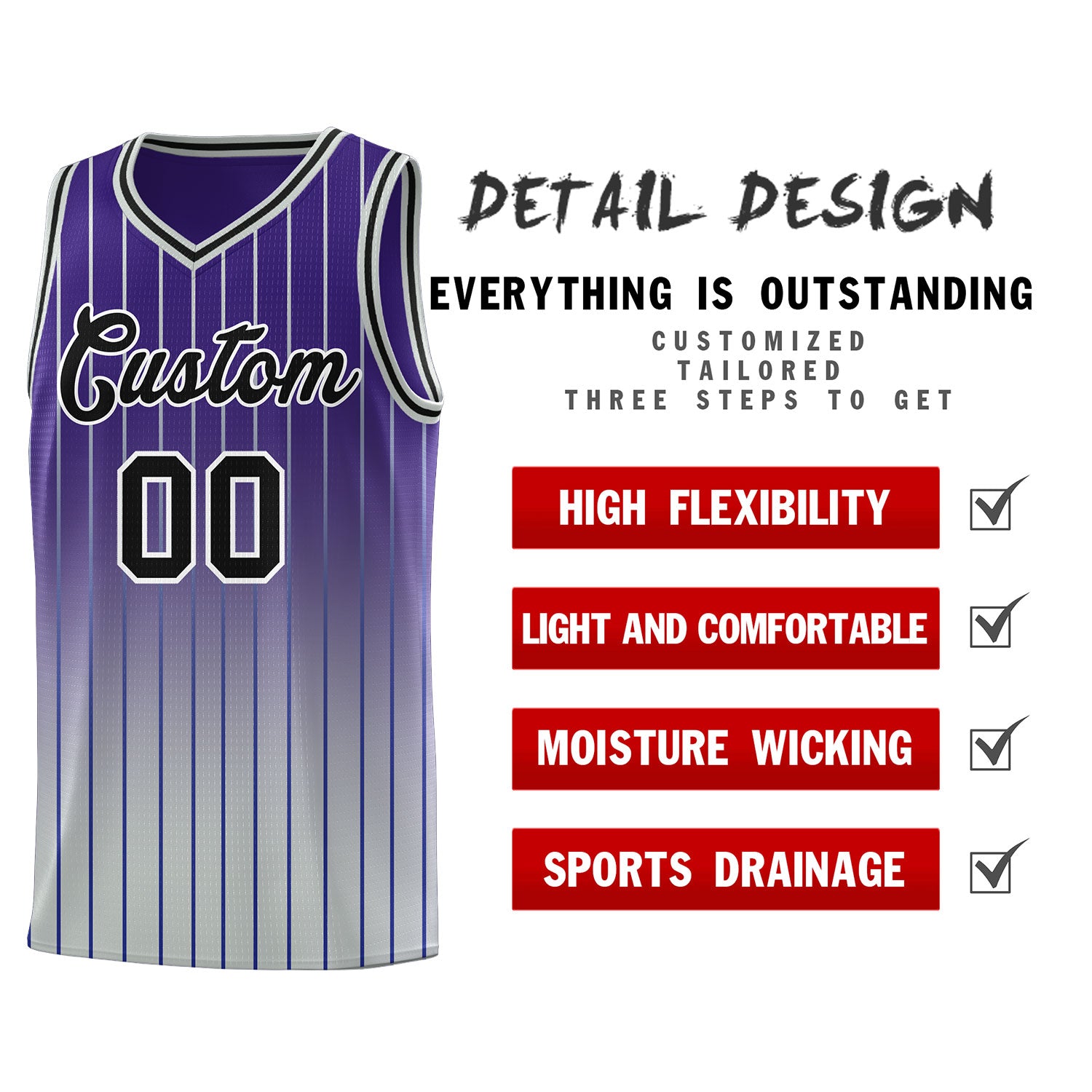 Custom Purple Gray Gradient Fashion Sets Sports Stripe Uniform Basketball Jersey